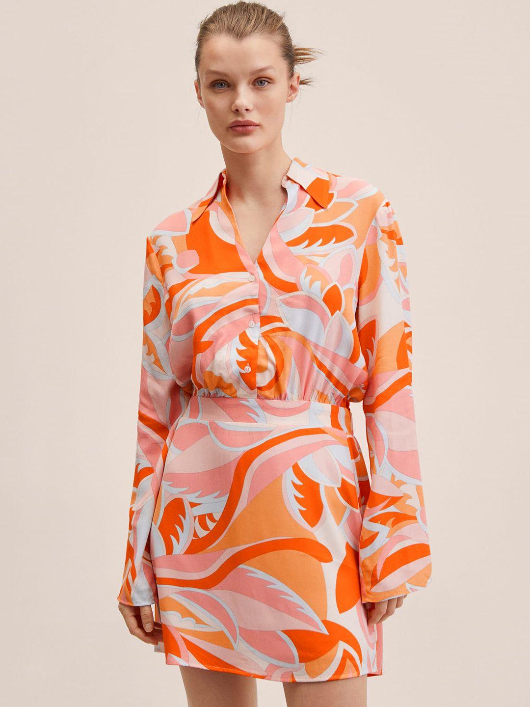 mango orange & pink abstract print shirt collar a-line dress