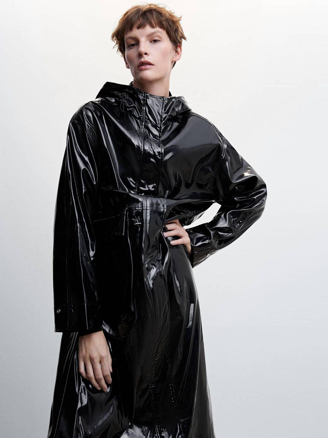 mango patent leather water-resistant hooded longline tailored jacket