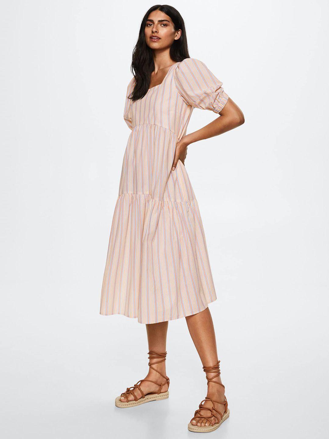 mango peach-coloured & blue sustainable striped pure cotton tiered a-line midi dress