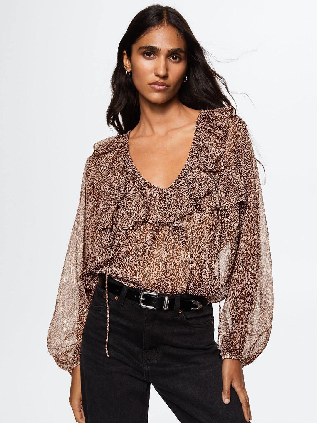 mango peach-coloured & brown animal print sustainable ruffle detail blouson top