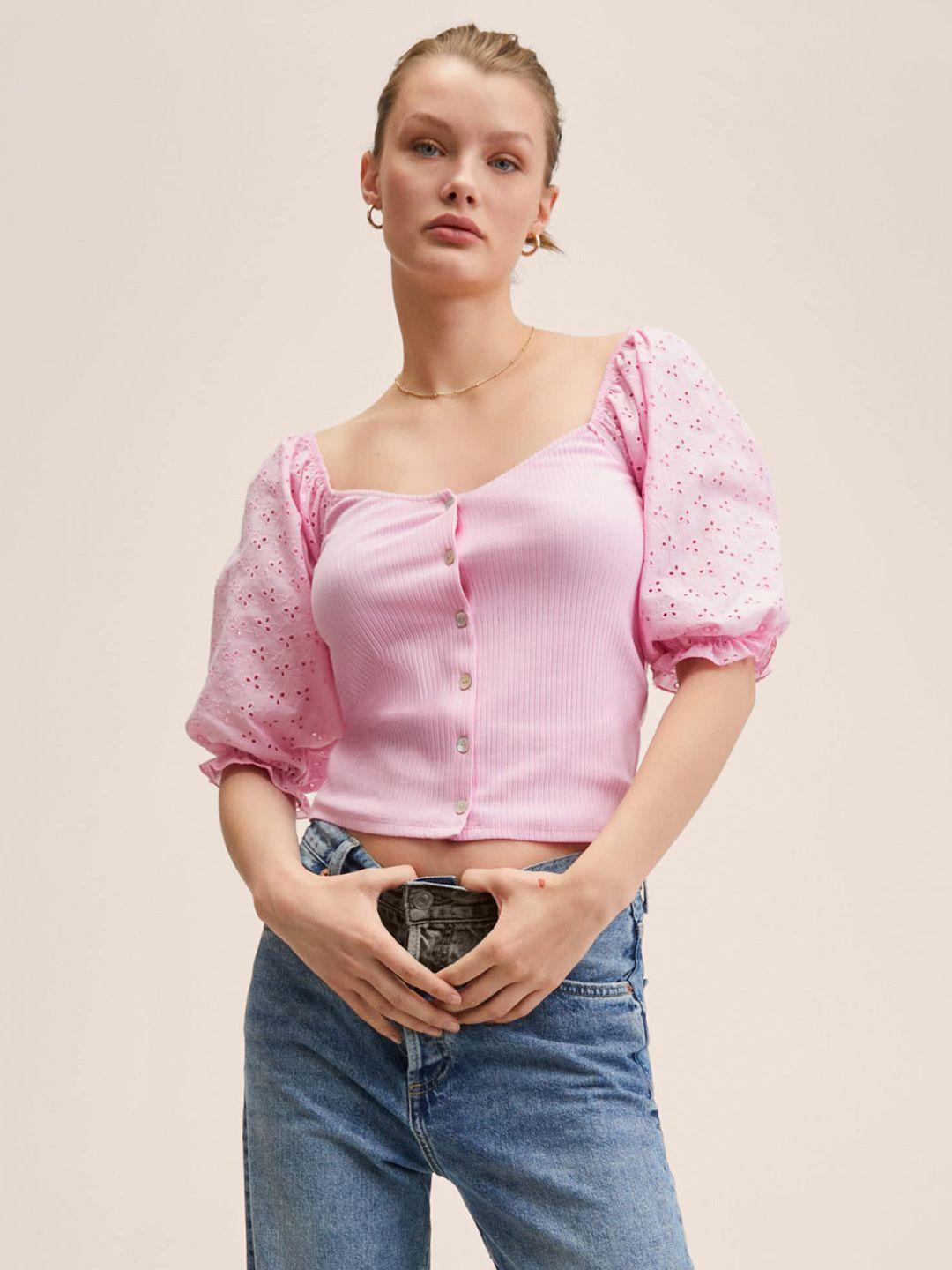 mango pink embroidered detail sweetheart neck top