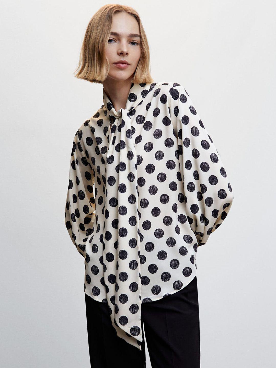 mango polka dot print tie-up neck top