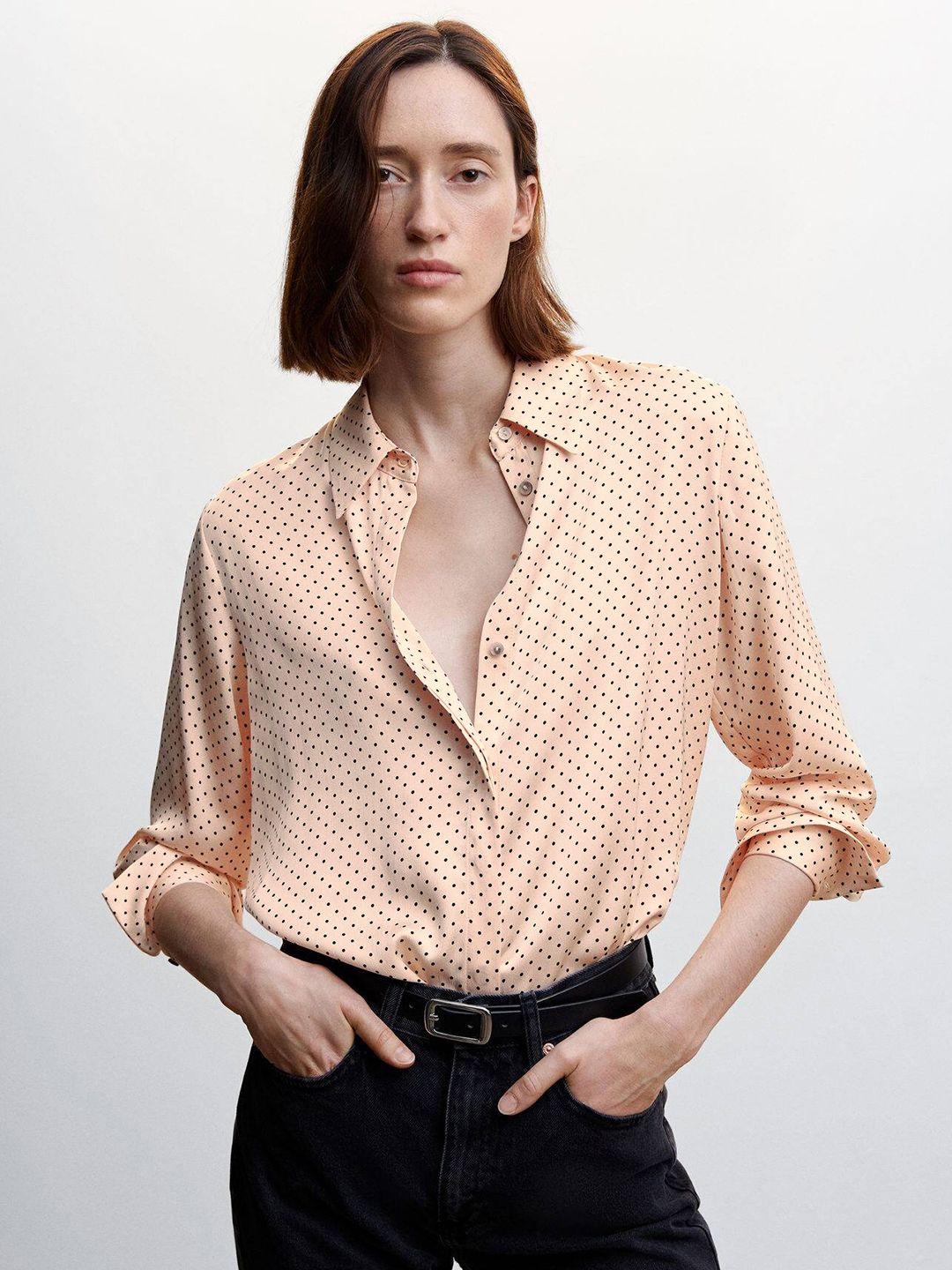 mango polka dot printed sustainable satin finish casual shirt