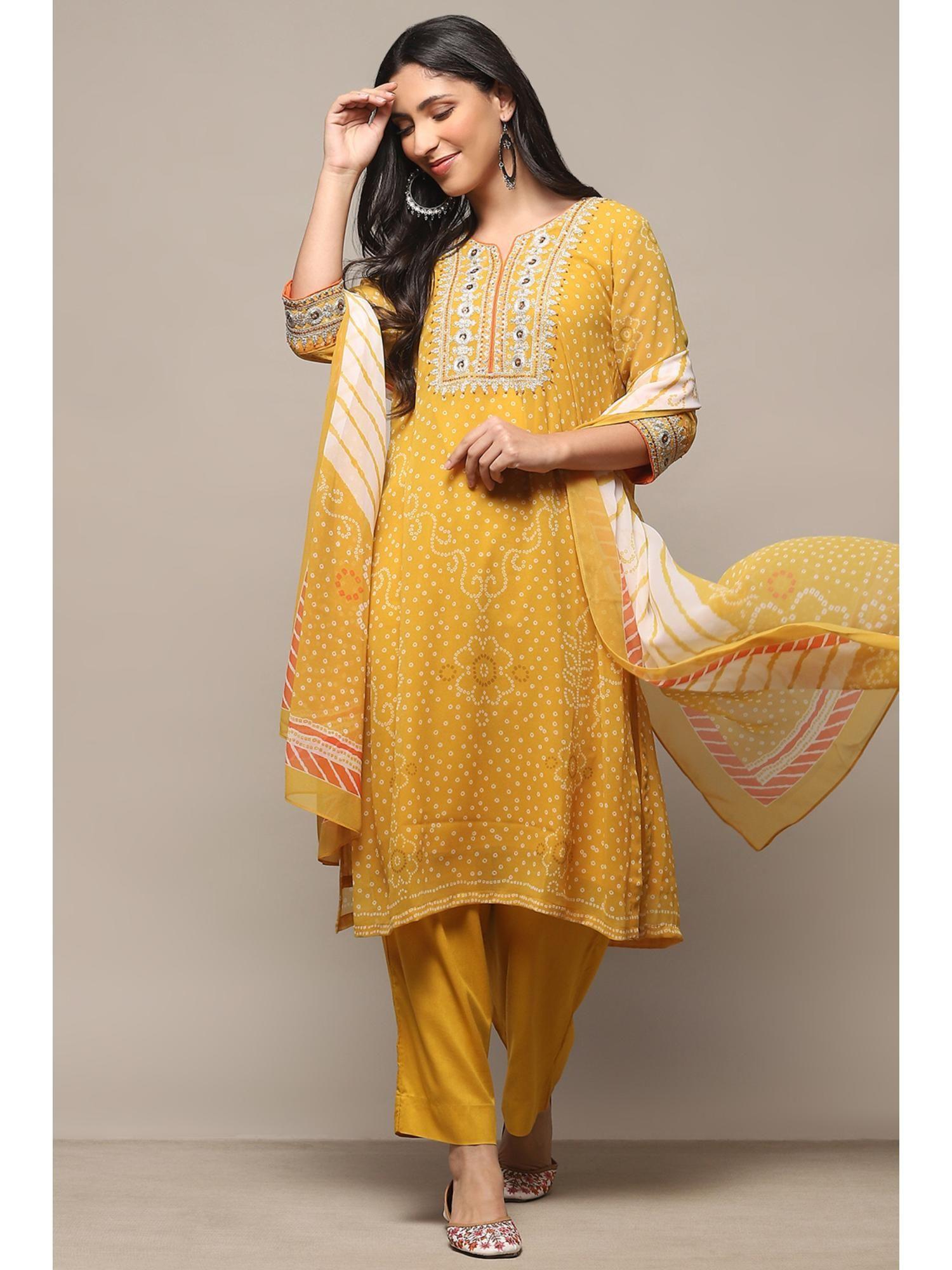 mango polyester straight kurta with palazzo and dupatta (set of 3)