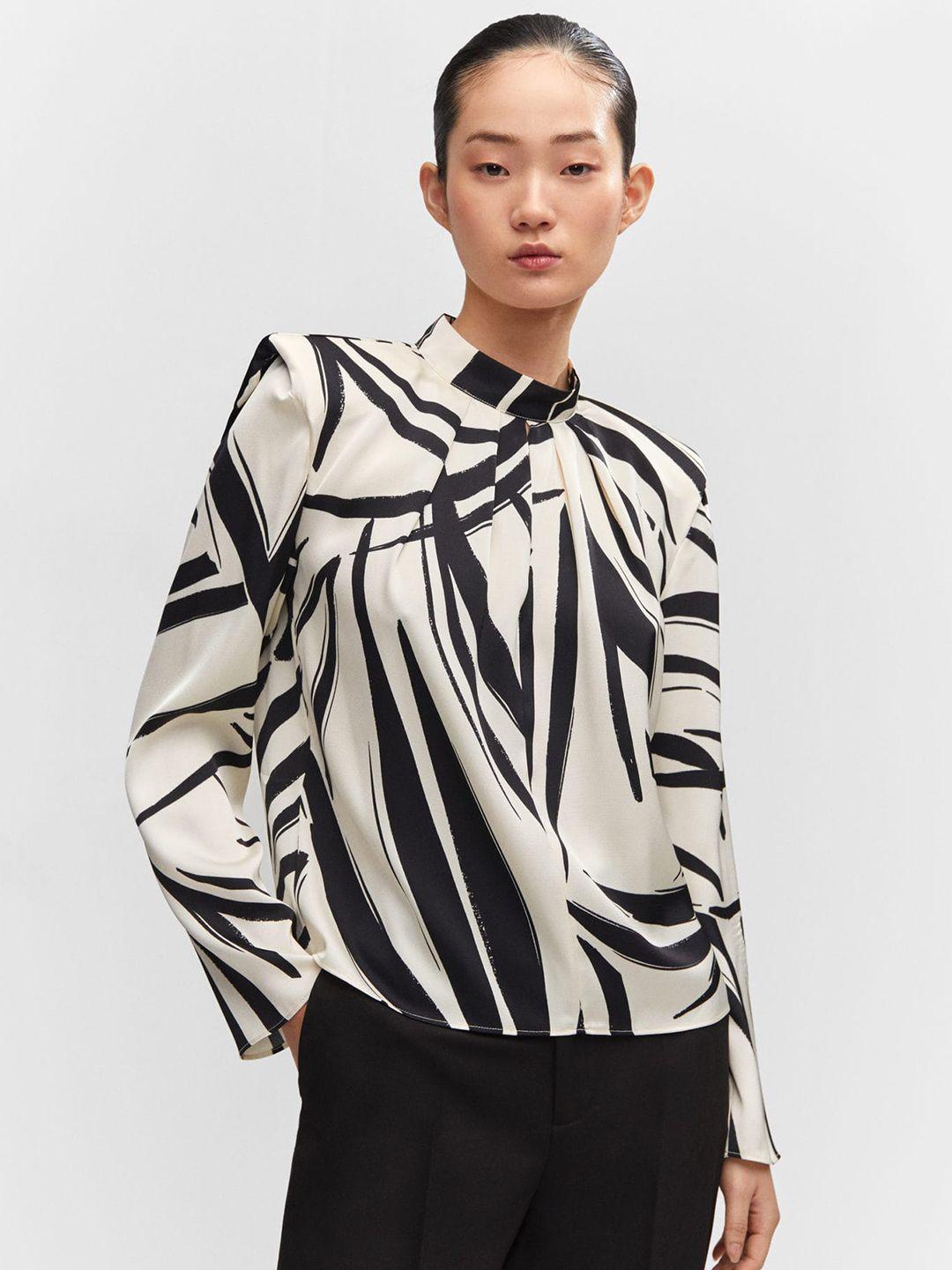 mango print flared sleeve top with shoulder pads