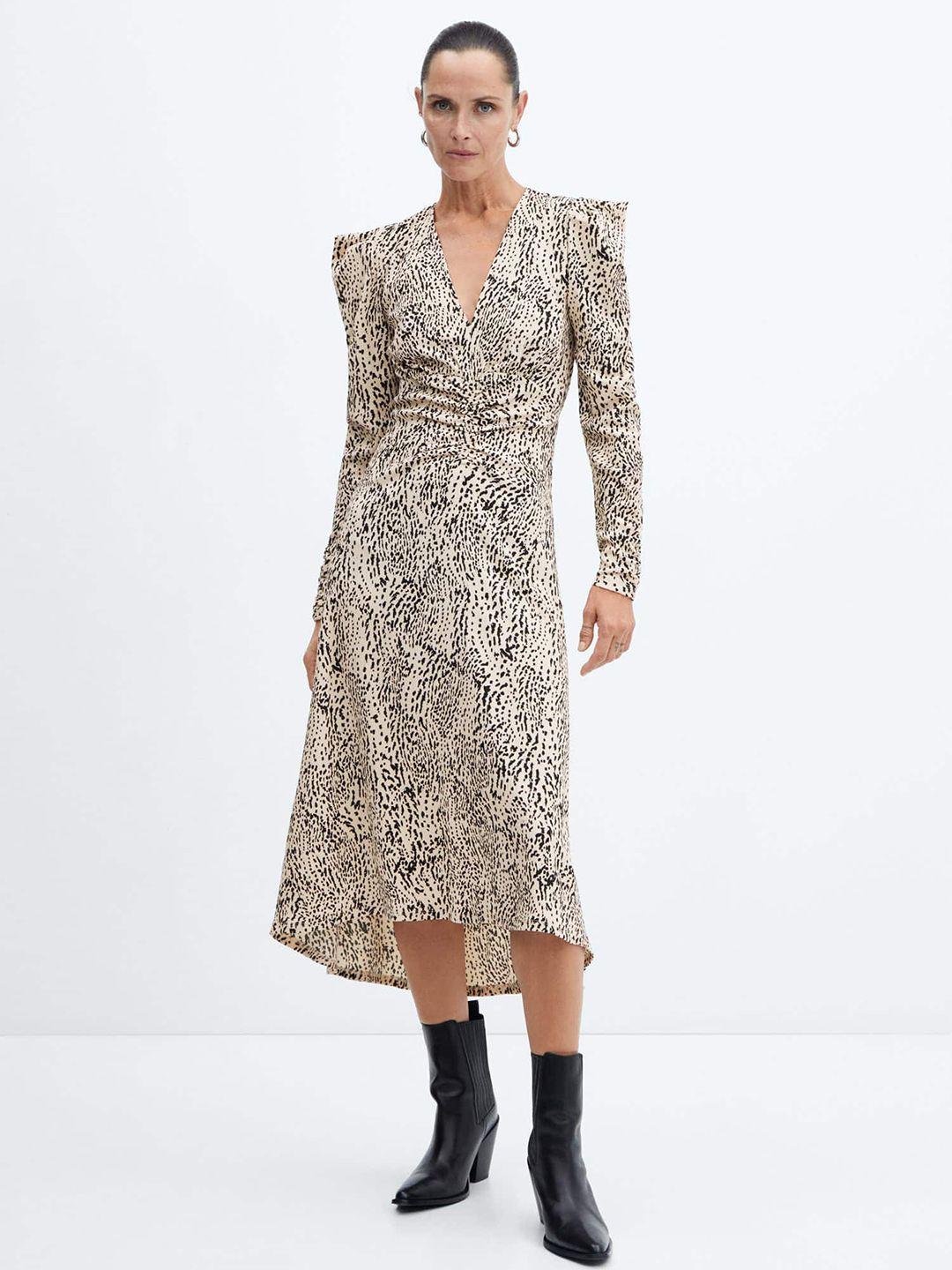 mango printed puff sleeves a-line midi dress