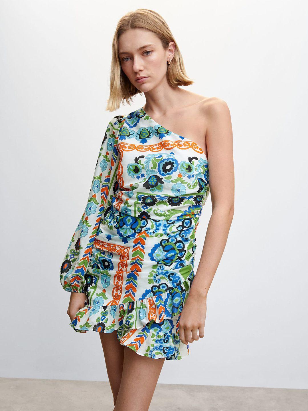 mango printed ruched pure cotton sheath mini dress