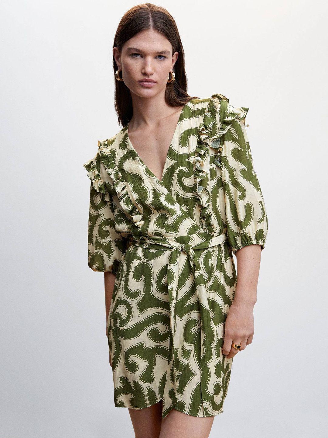 mango printed ruffled wrap dress with belt