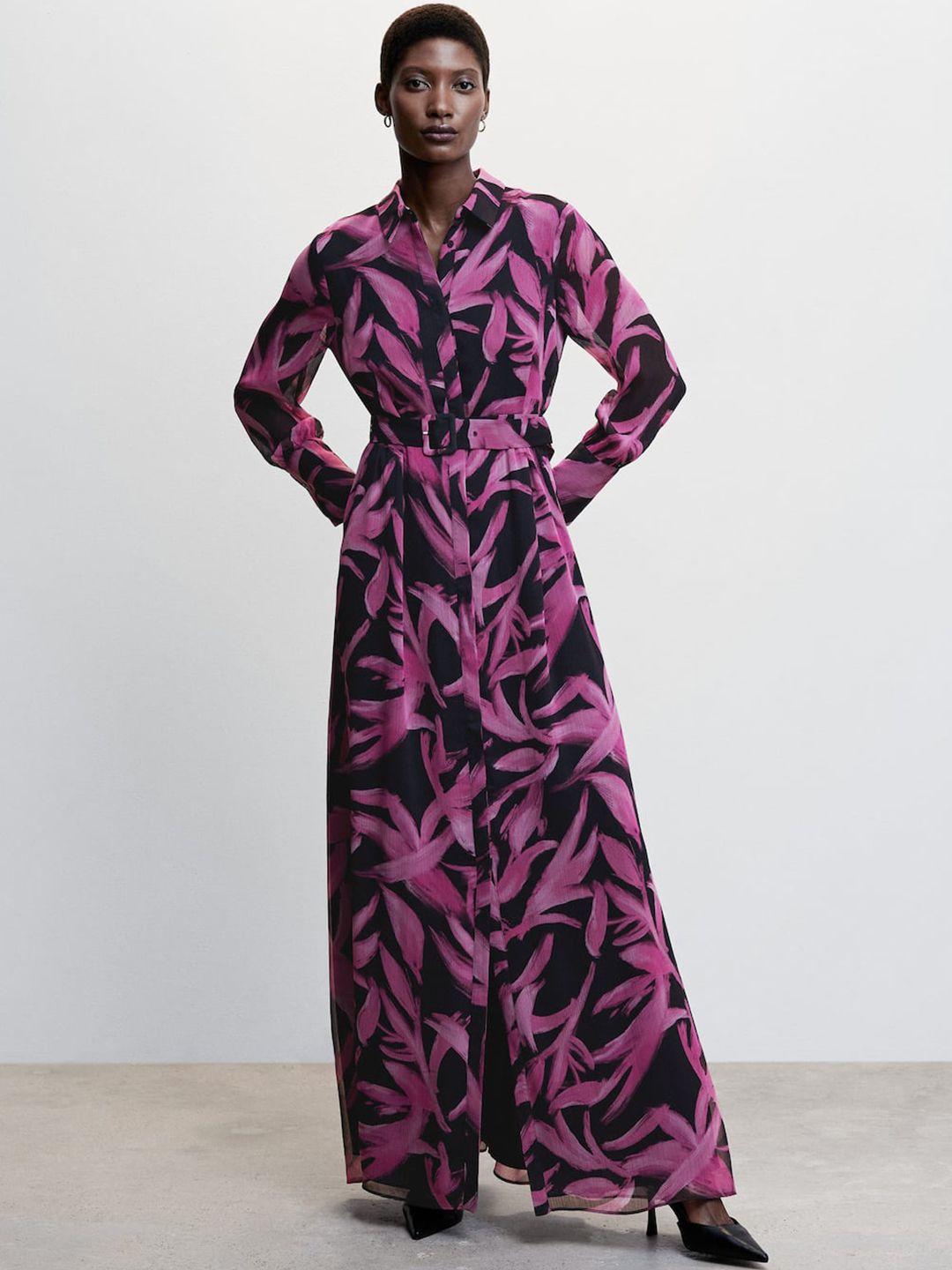 mango printed shirt style maxi dress with belt