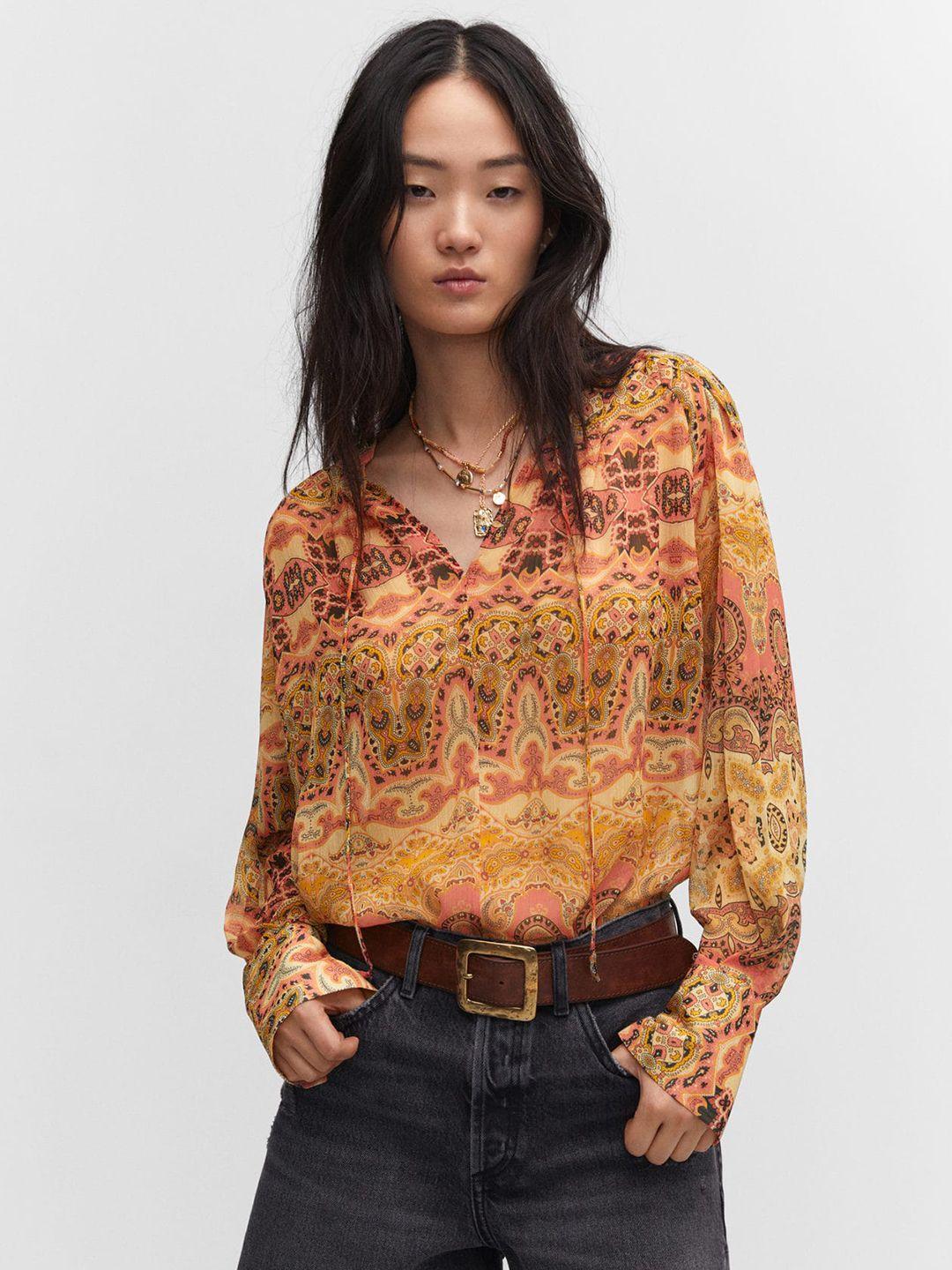 mango printed tie-up neck top