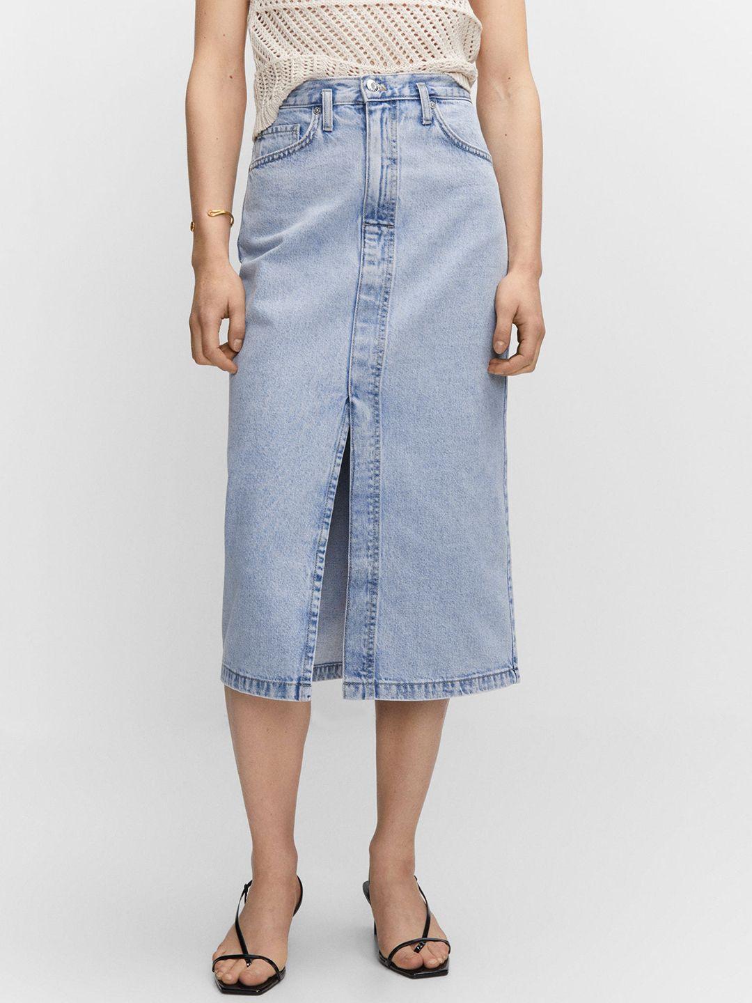 mango pure cotton denim straight front slit midi skirt