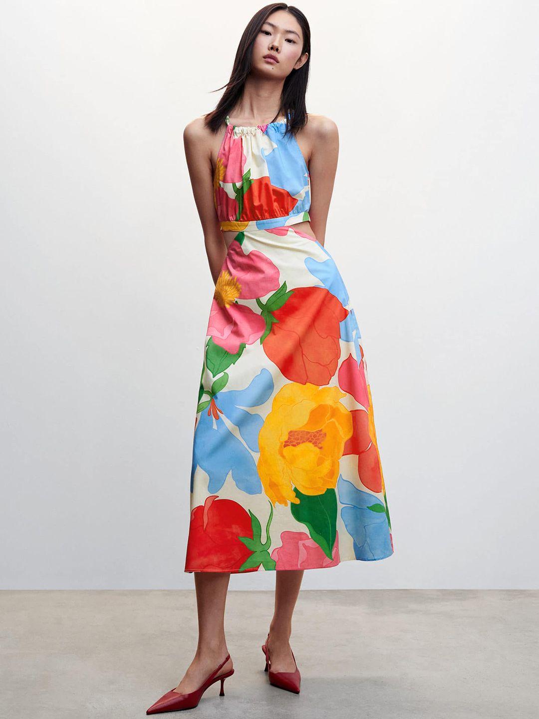 mango pure cotton floral print a-line midi dress