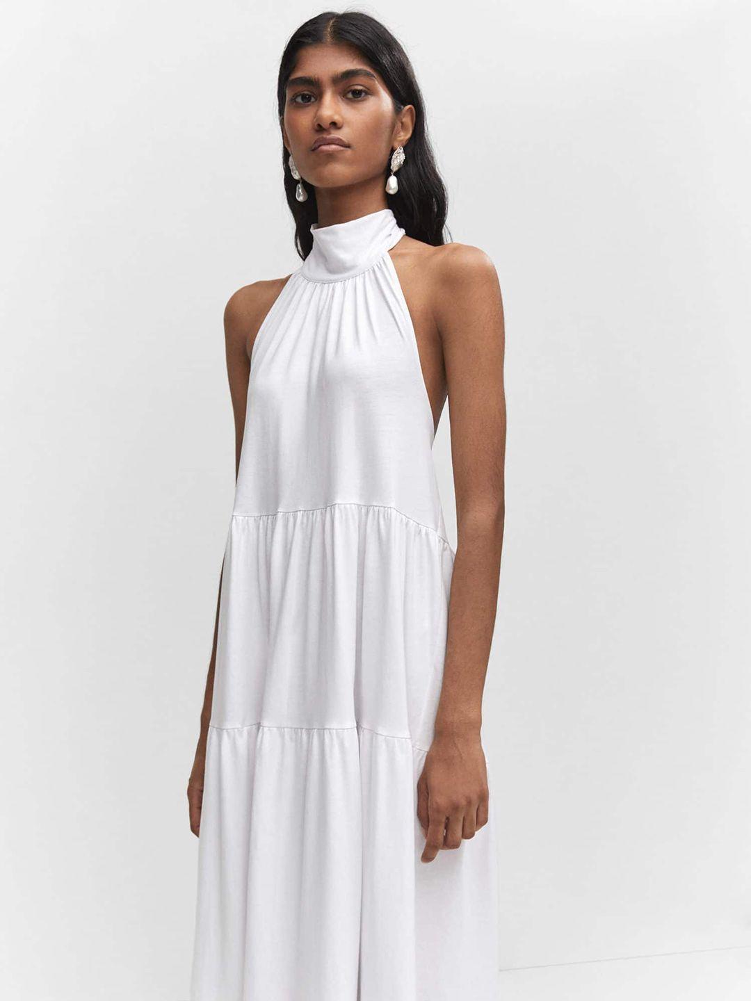 mango pure cotton halter neck open-back tiered maxi dress