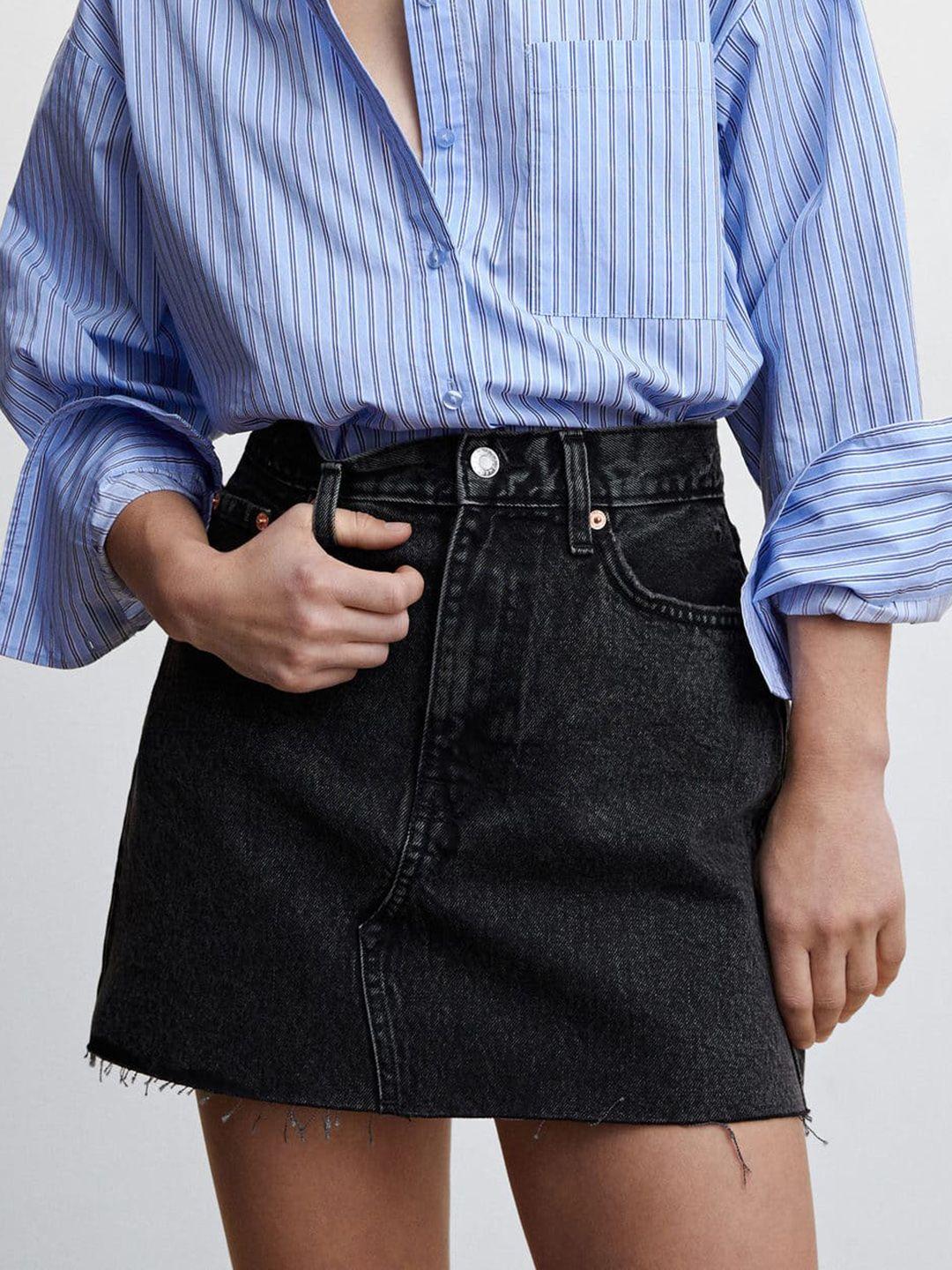 mango pure cotton solid denim mini skirt