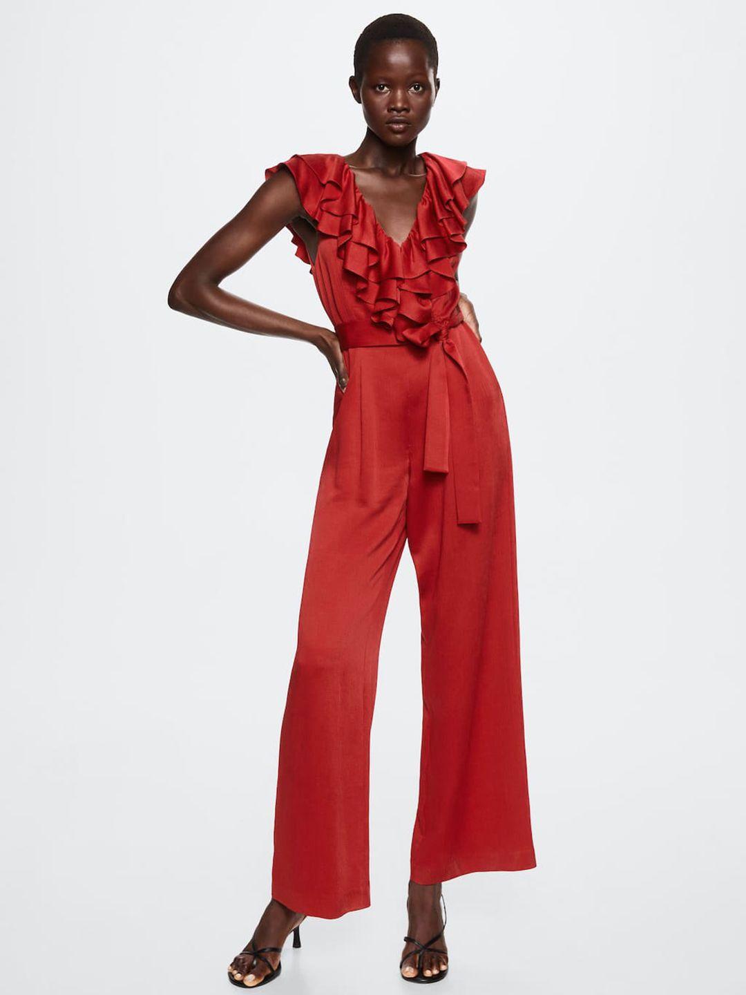 mango red basic jumpsuit with ruffles