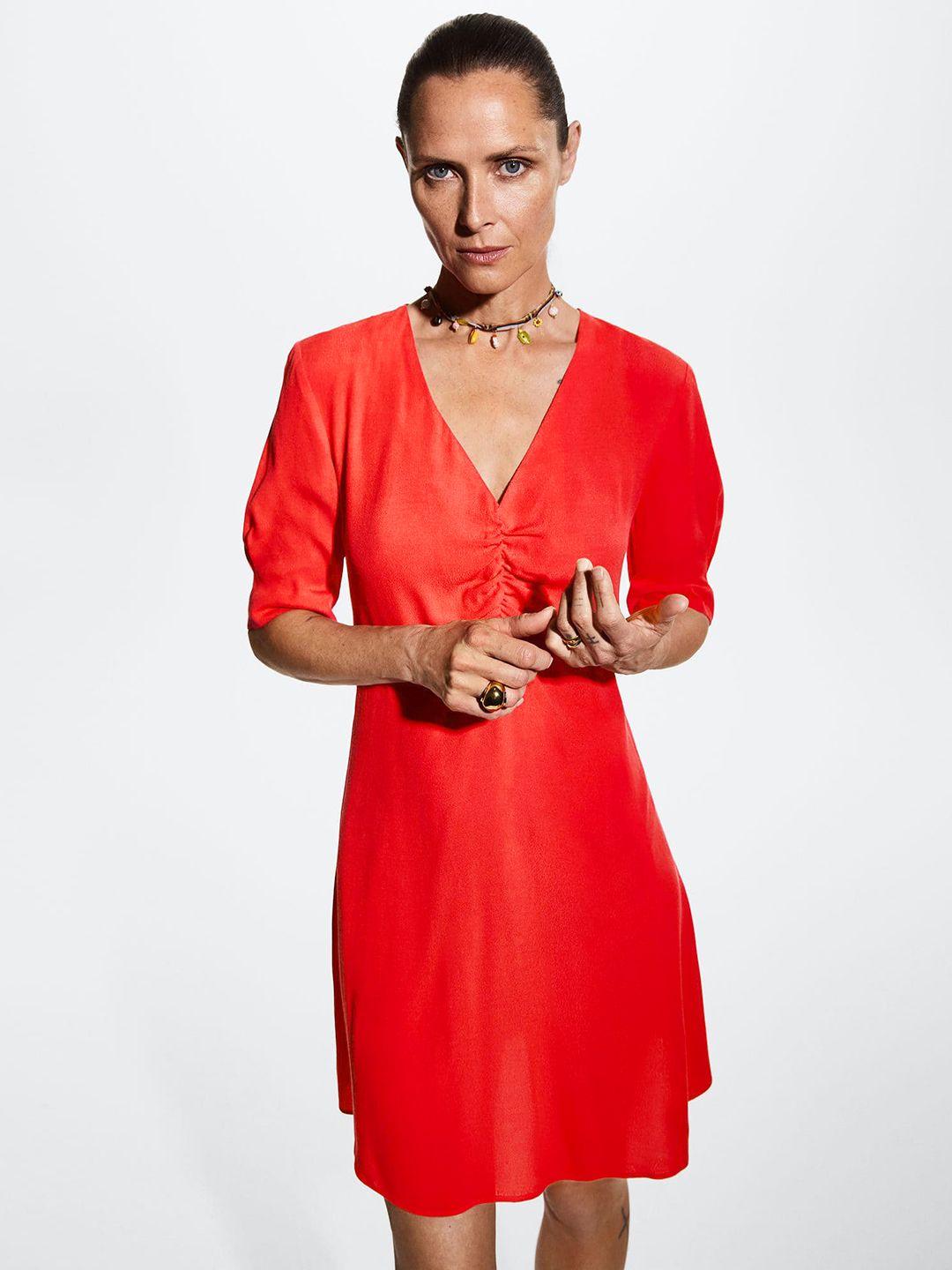 mango red solid sustainable a-line dress