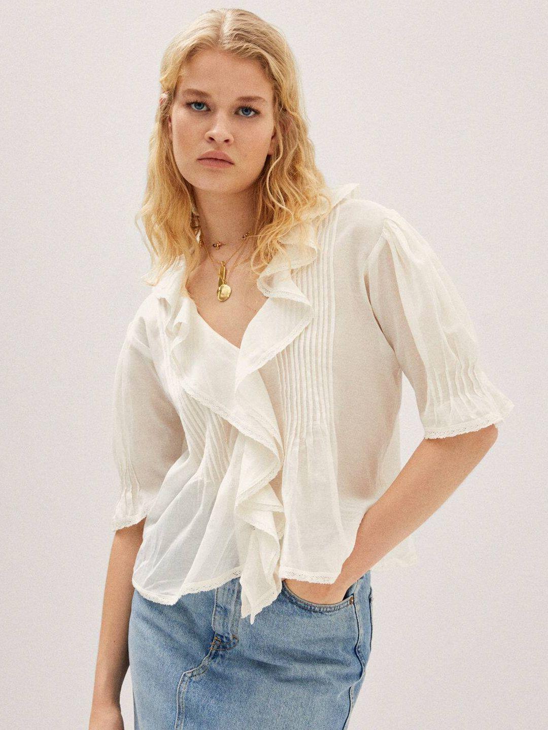 mango ruffles lace insert puff sleeve top