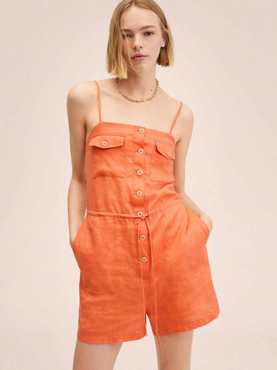 mango rust orange solid linen basic jumpsuit