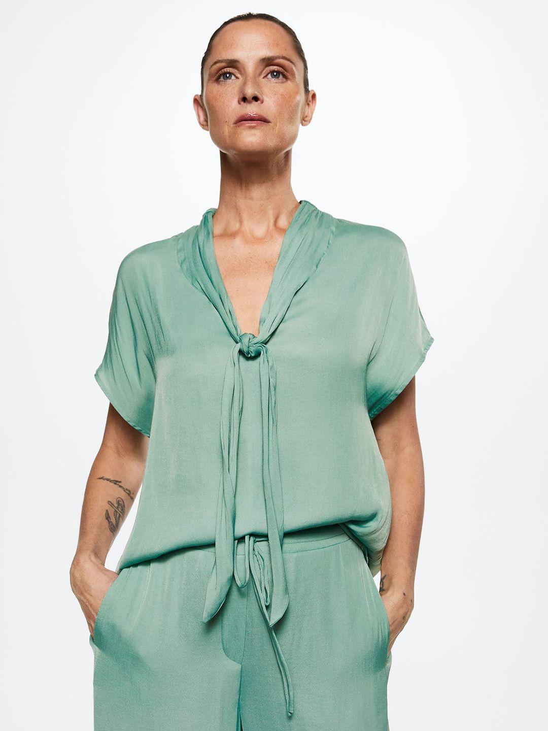 mango sage green tie-up neck top