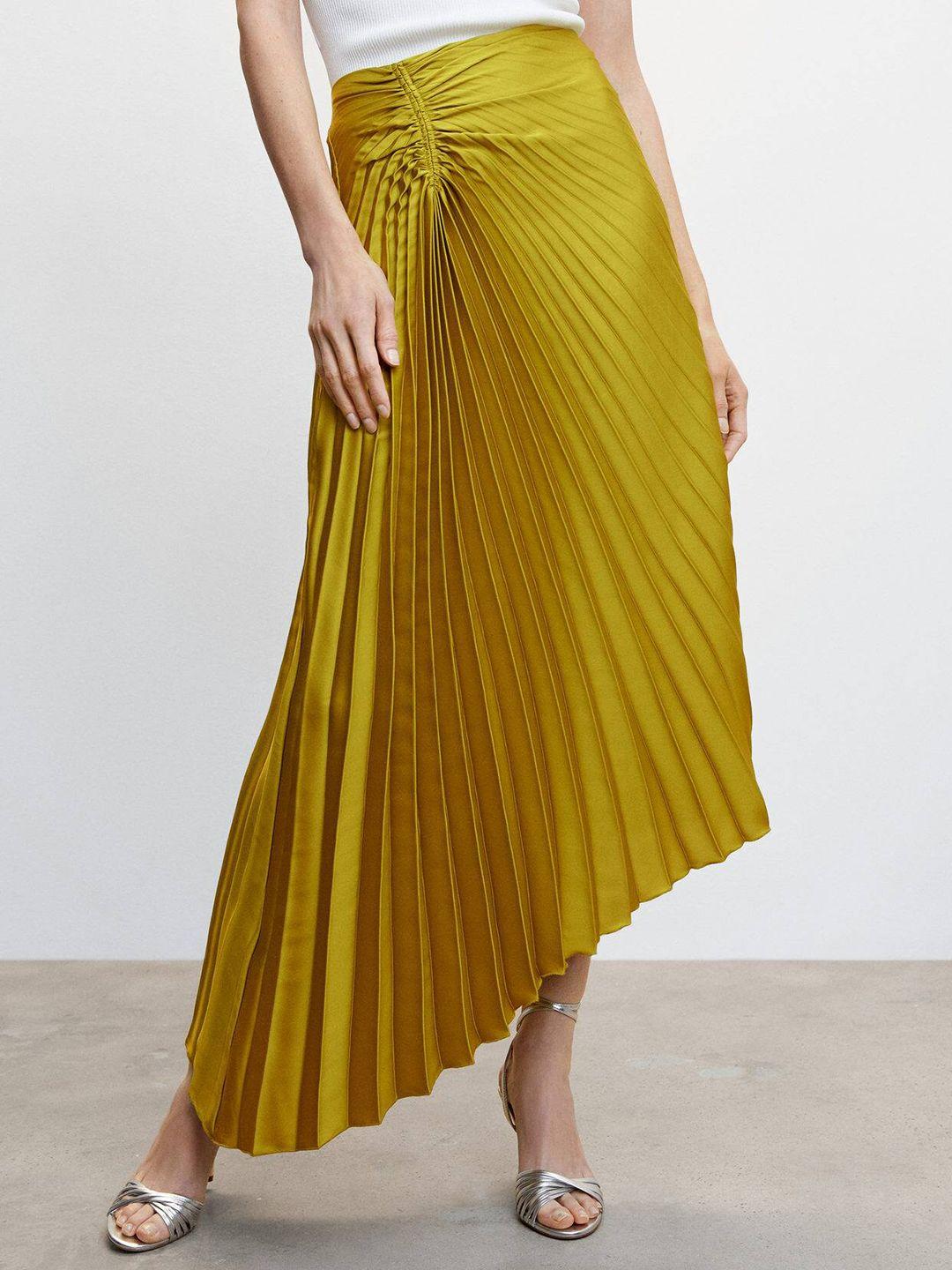 mango satin finish accordion pleated asymmetric hem a-line skirt