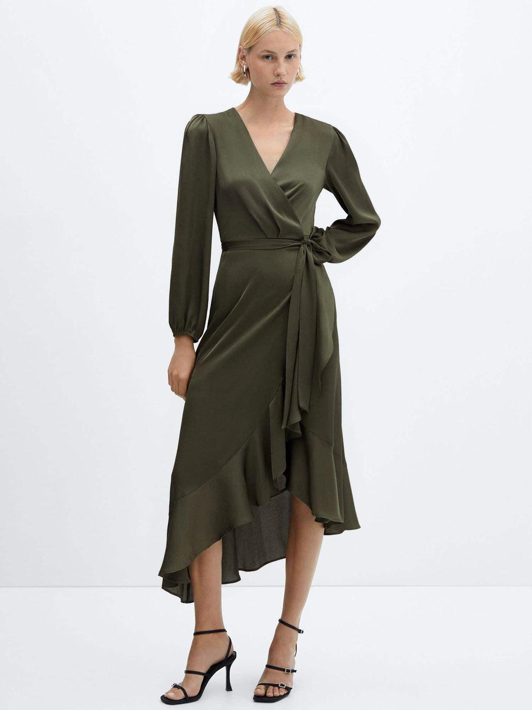 mango satin-finish puff sleeves tie-ups detail wrap style midi dress