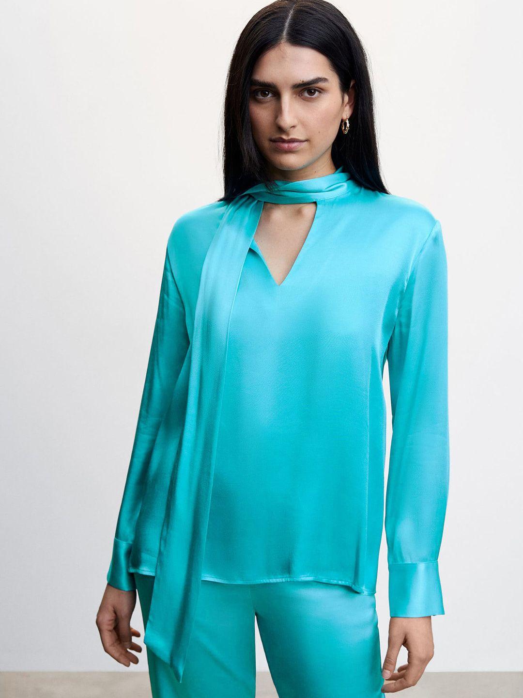 mango satin finish tie-up neck top