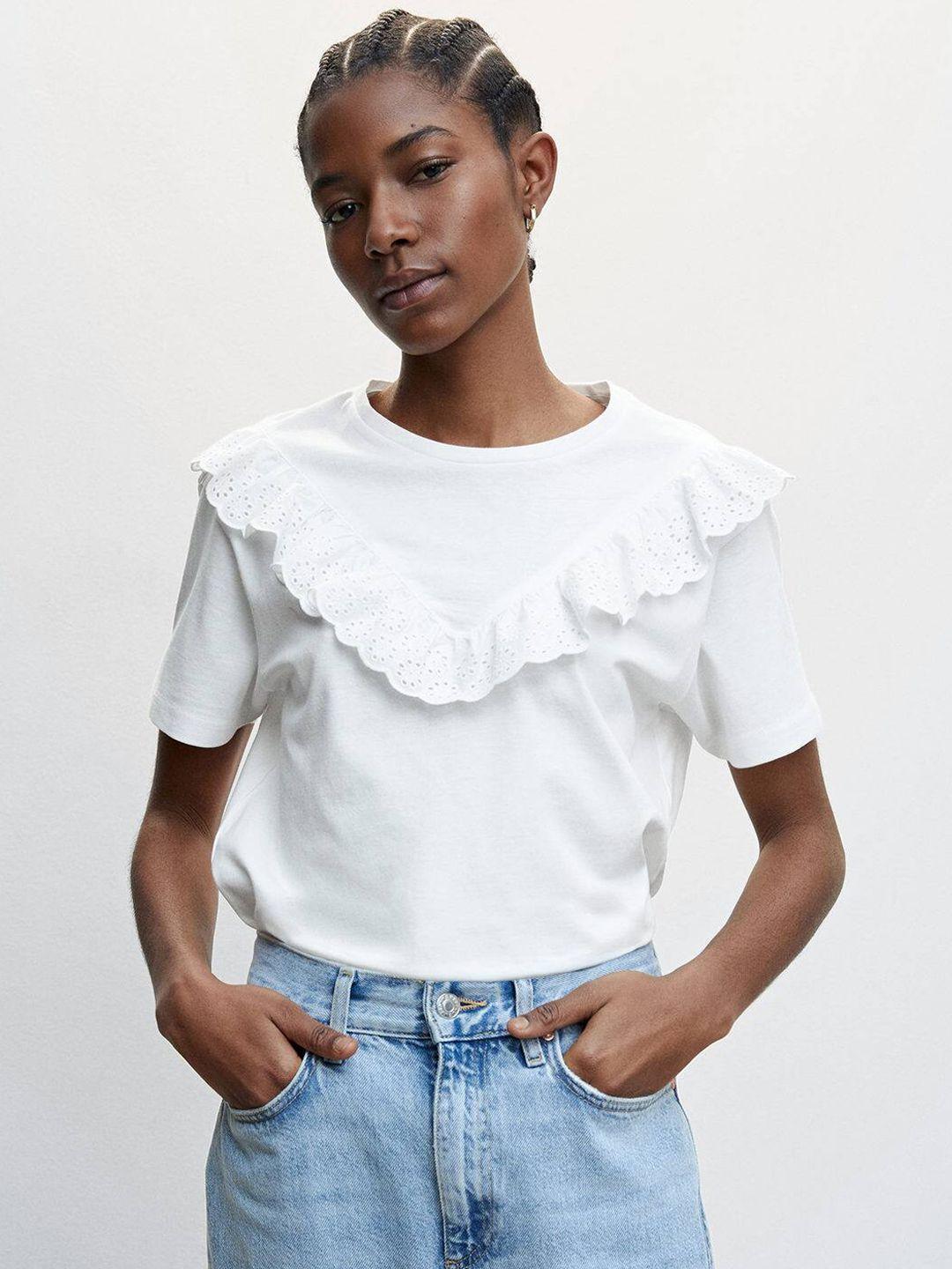 mango schiffli embroidered detail ruffles cotton top