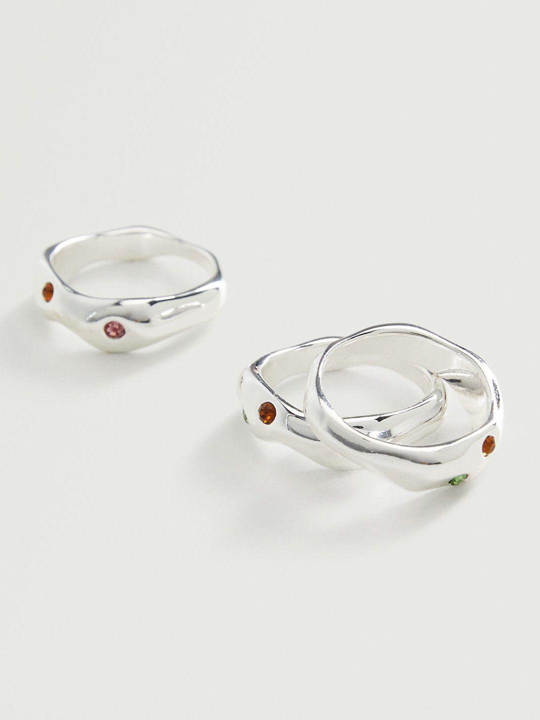 mango set of 3 silver-toned & pink stone-studded finger rings