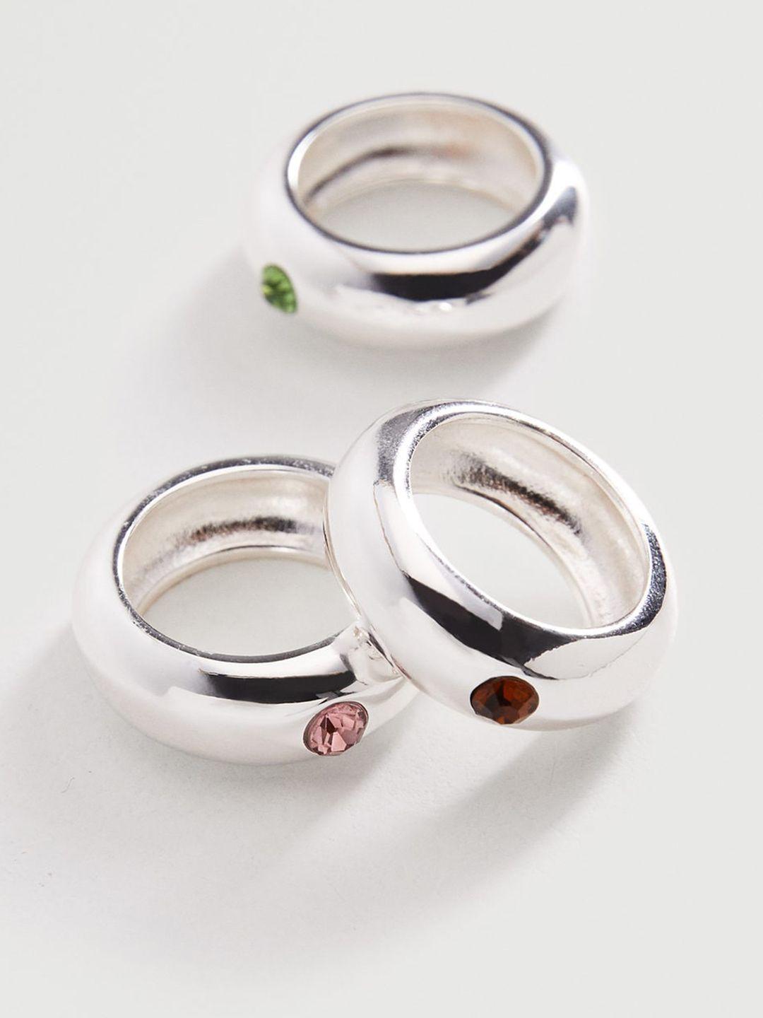 mango set of 3 silver-toned stone-studded finger rings