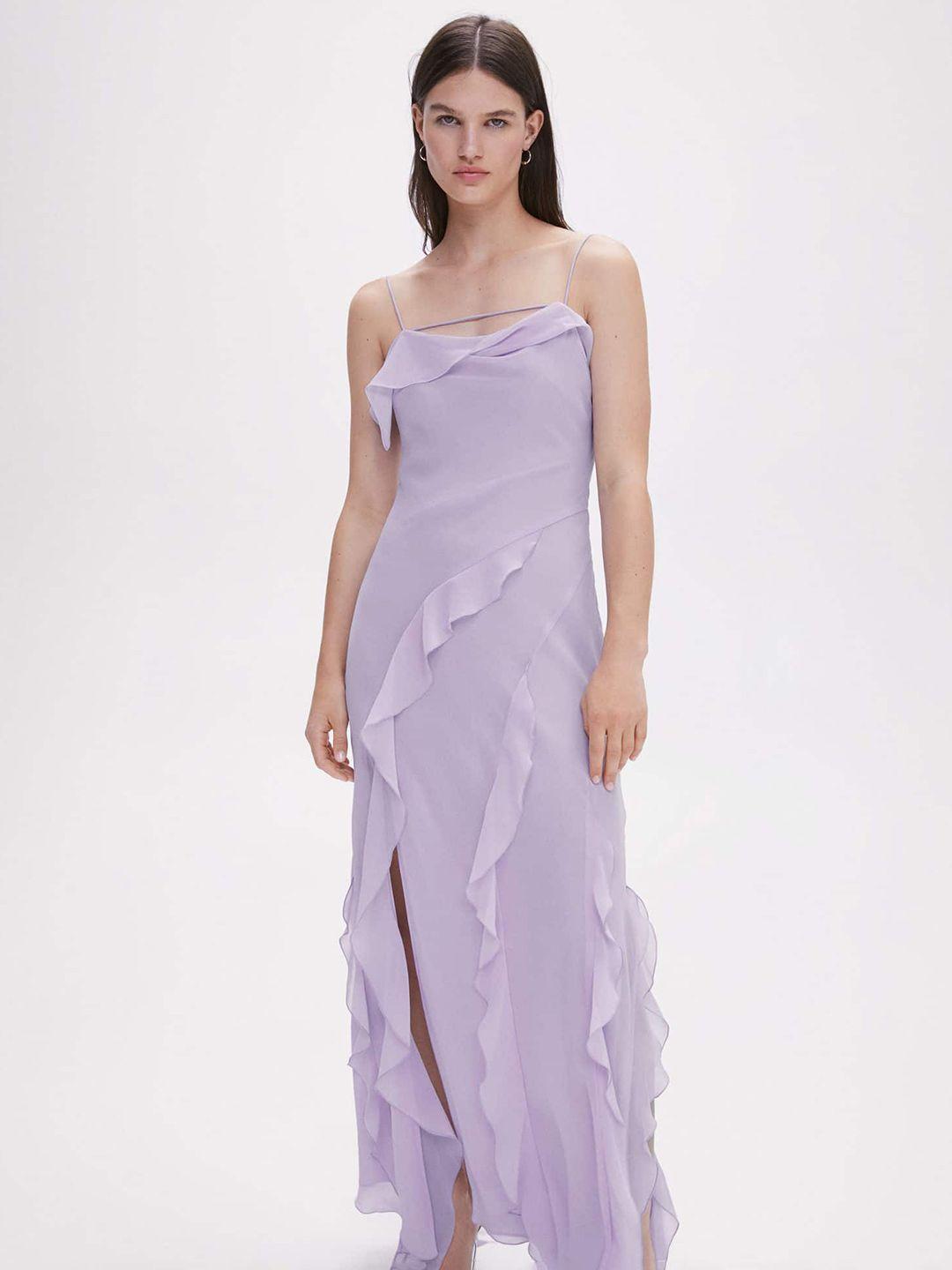 mango shoulder strap side slit ruffled maxi dress