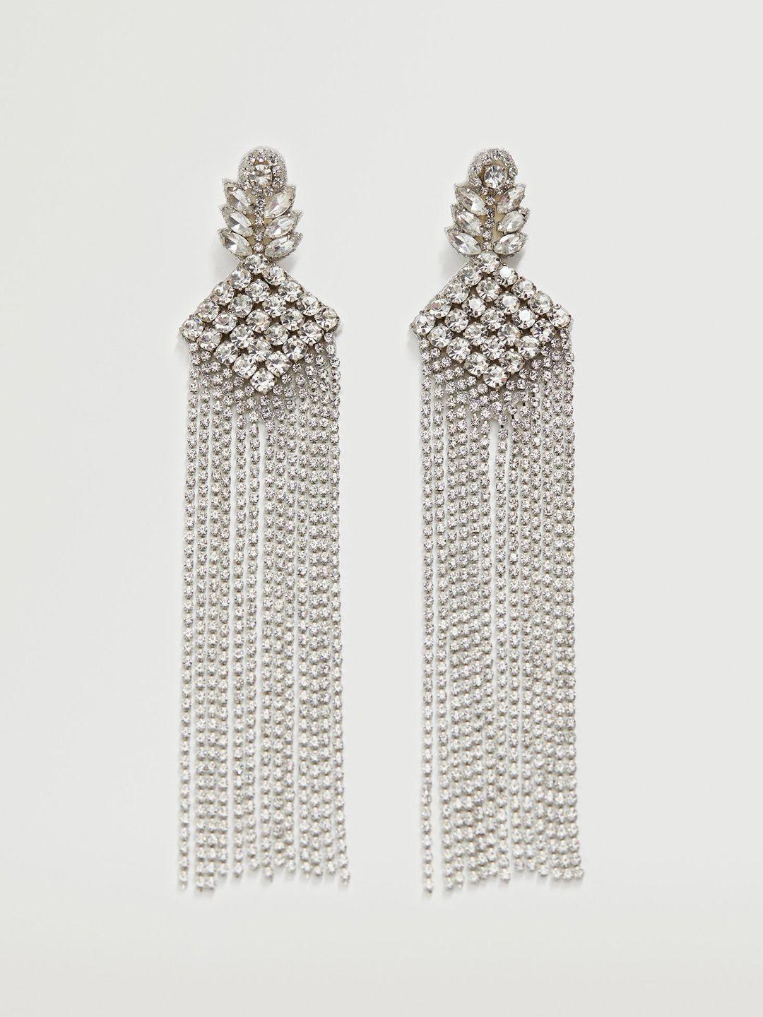 mango silver-toned stone studded contemporary drop earrings