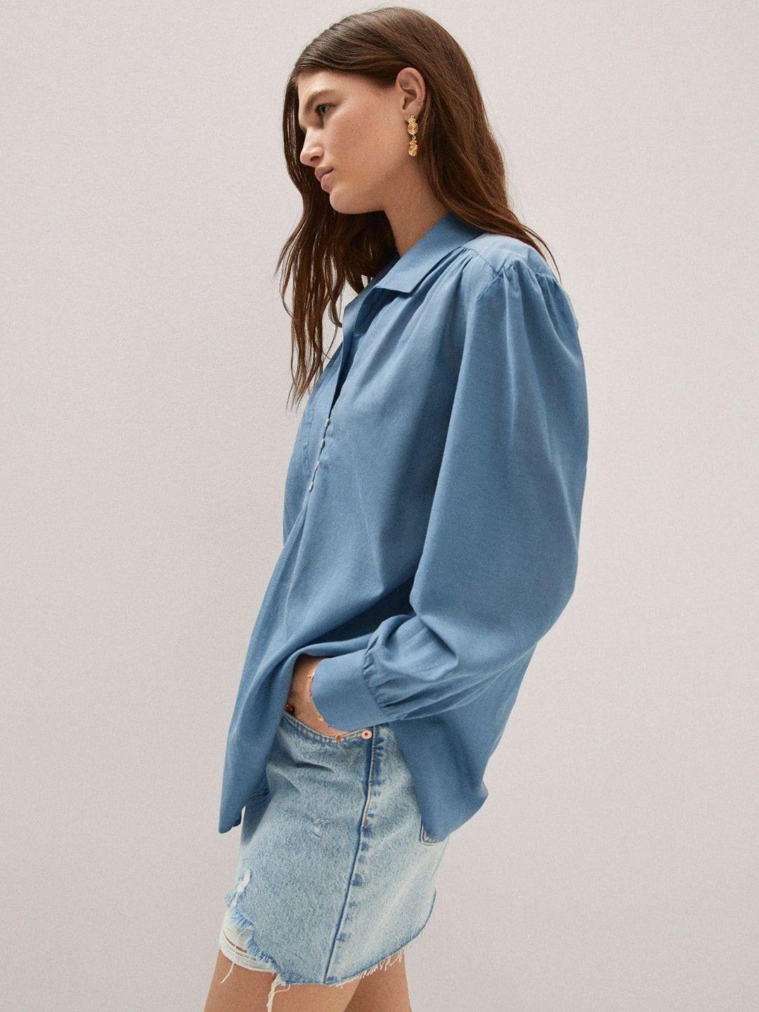 mango solid puff sleeve cotton top