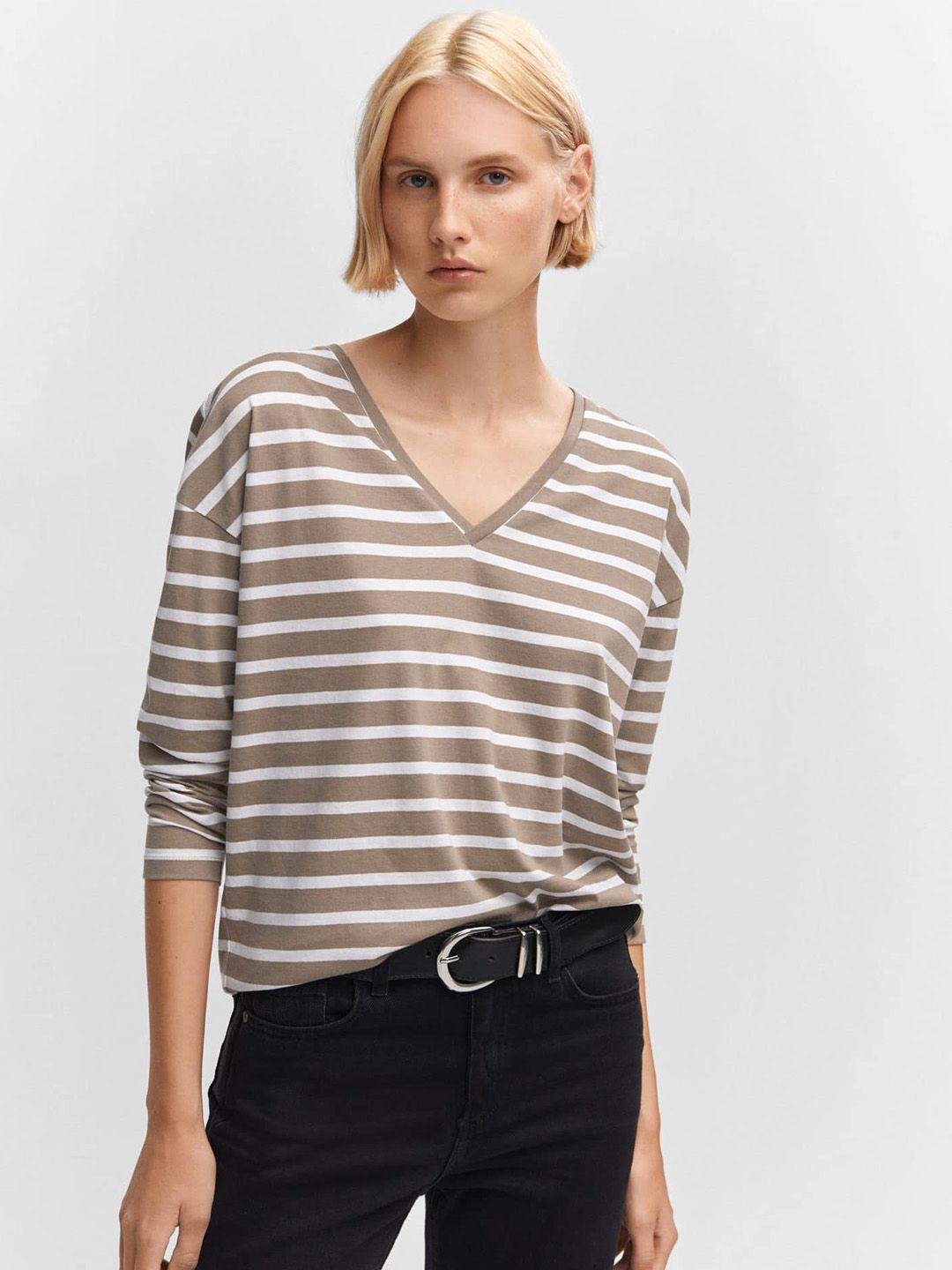 mango striped v-neck pure cotton t-shirt