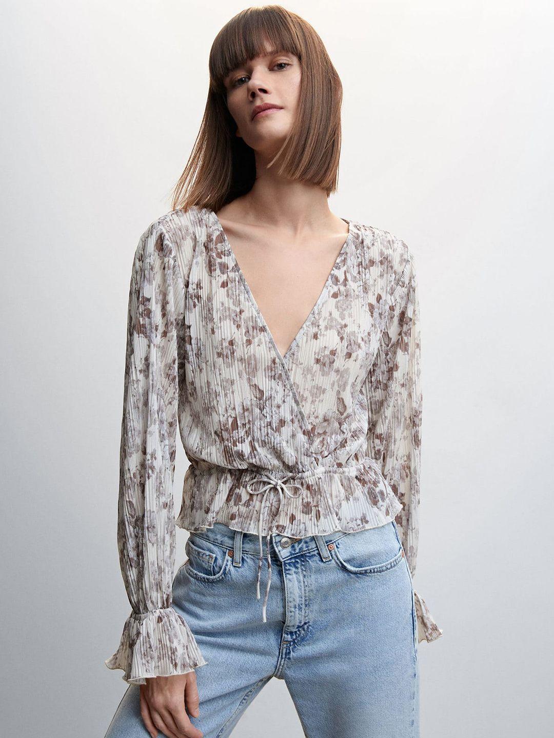 mango sustainable accordion pleated waist tie-up floral printed wrap top