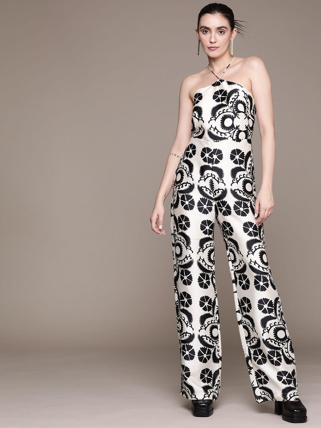 mango tie-up back printed flared jumpsuit