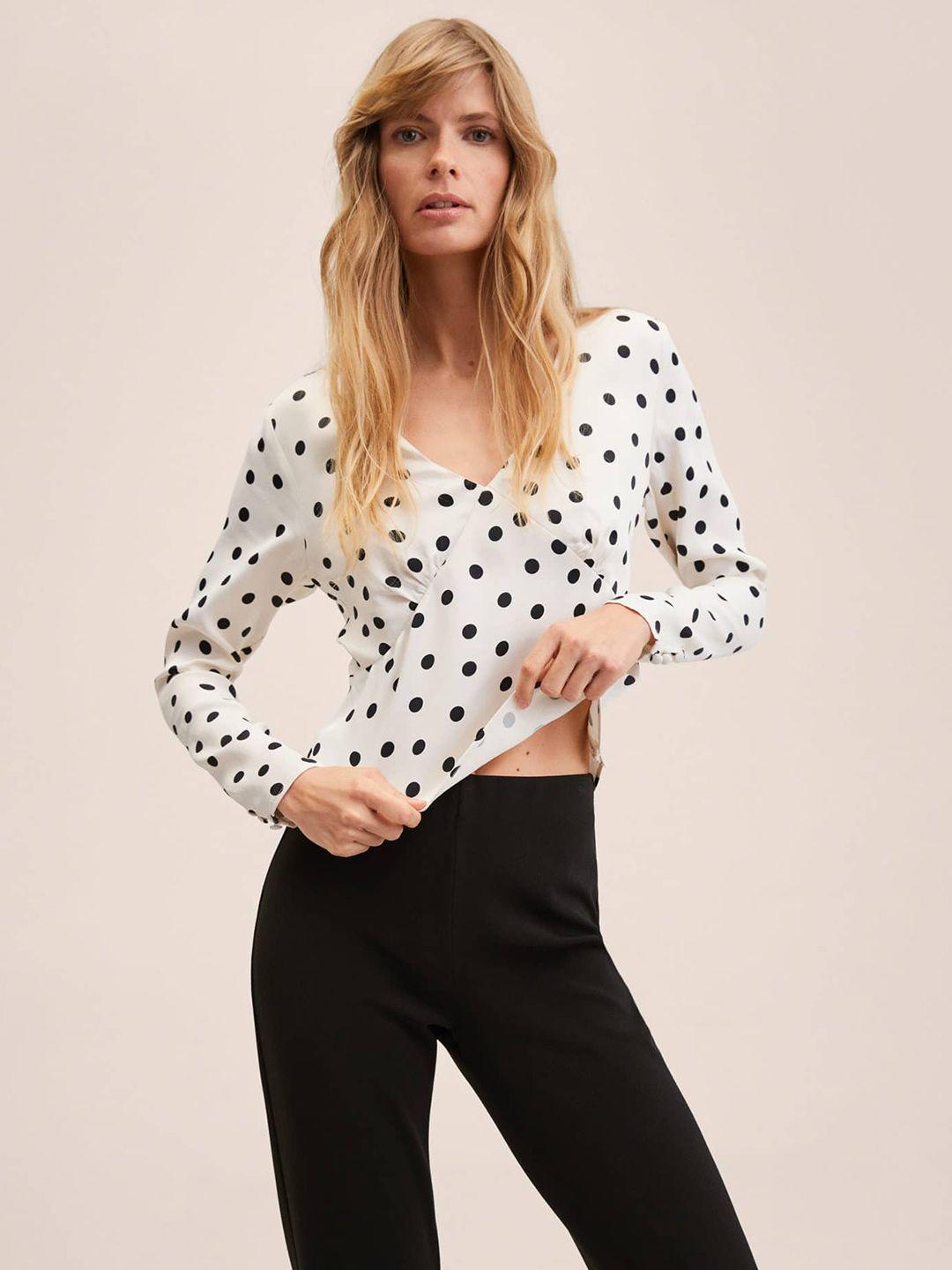 mango white & black satin finish polka dots print top