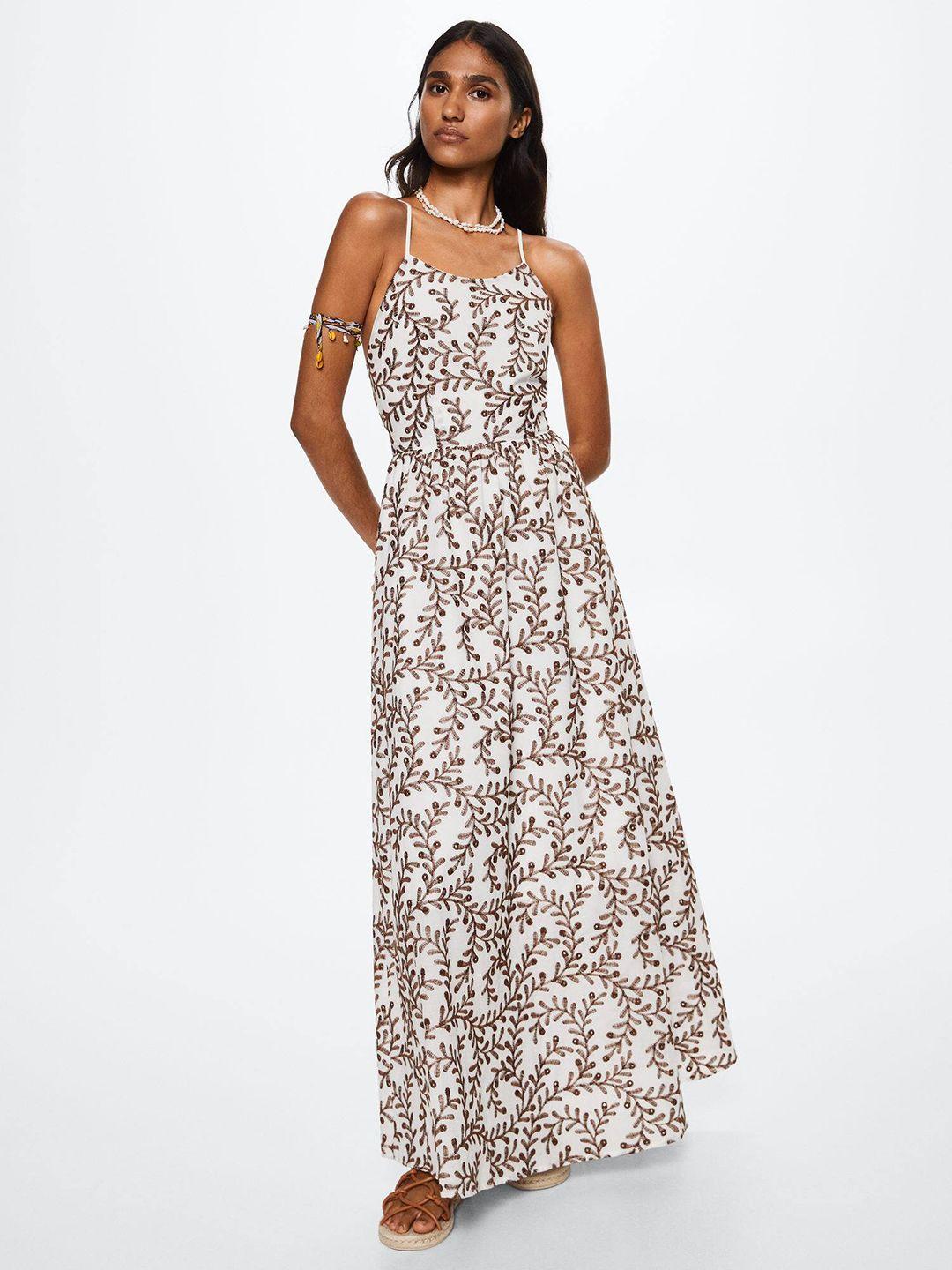 mango white & coffee brown pure cotton floral embroidered maxi dress