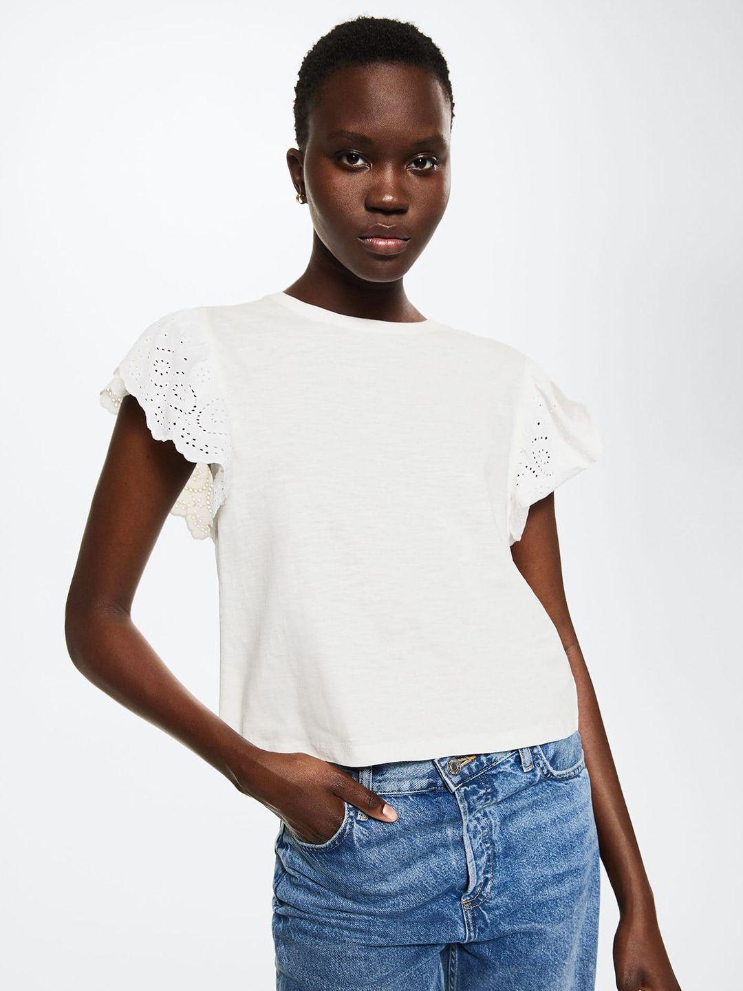 mango white solid flared sleeves openwork detail top