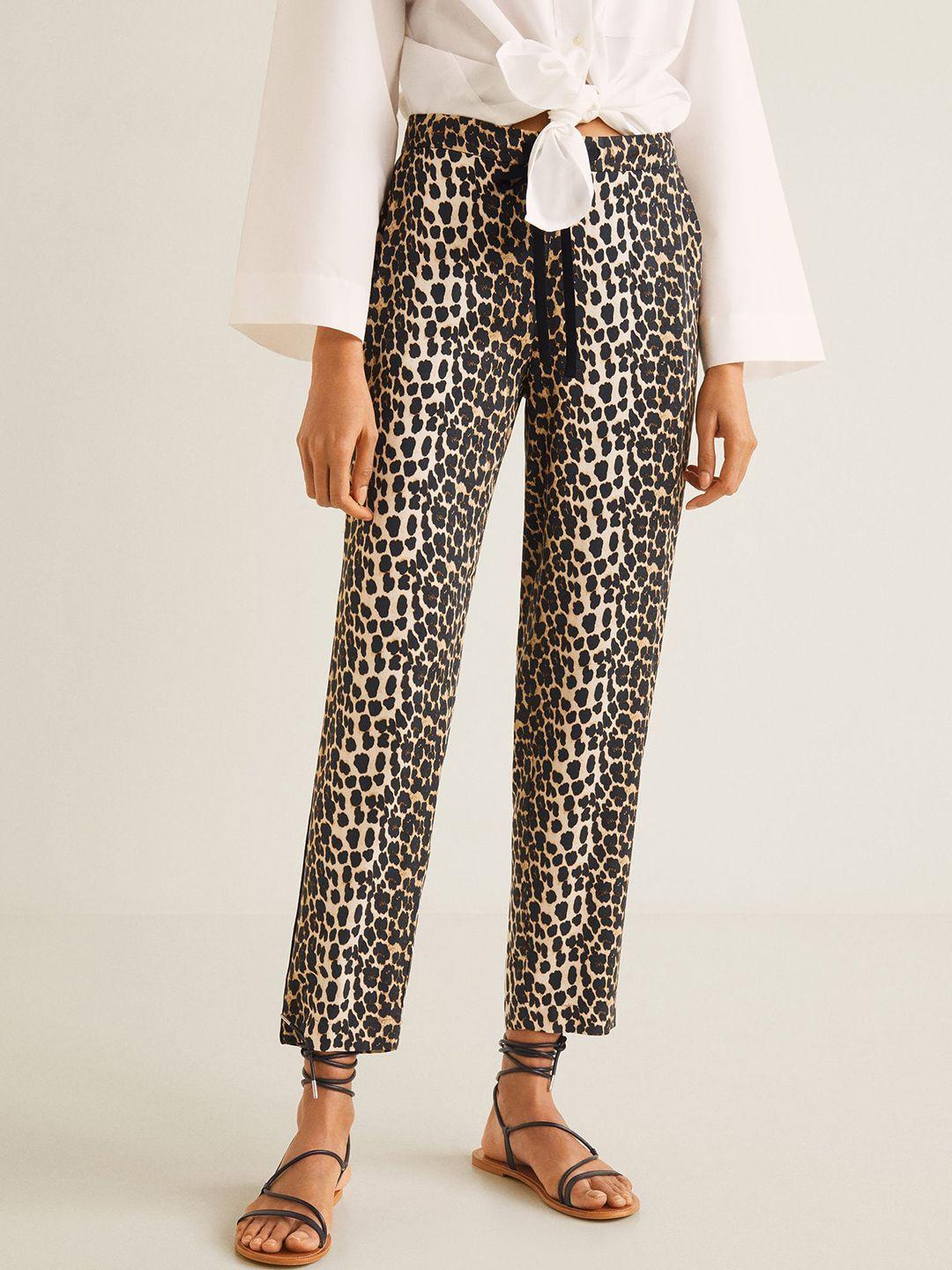 mango women beige & black animal print regular trousers