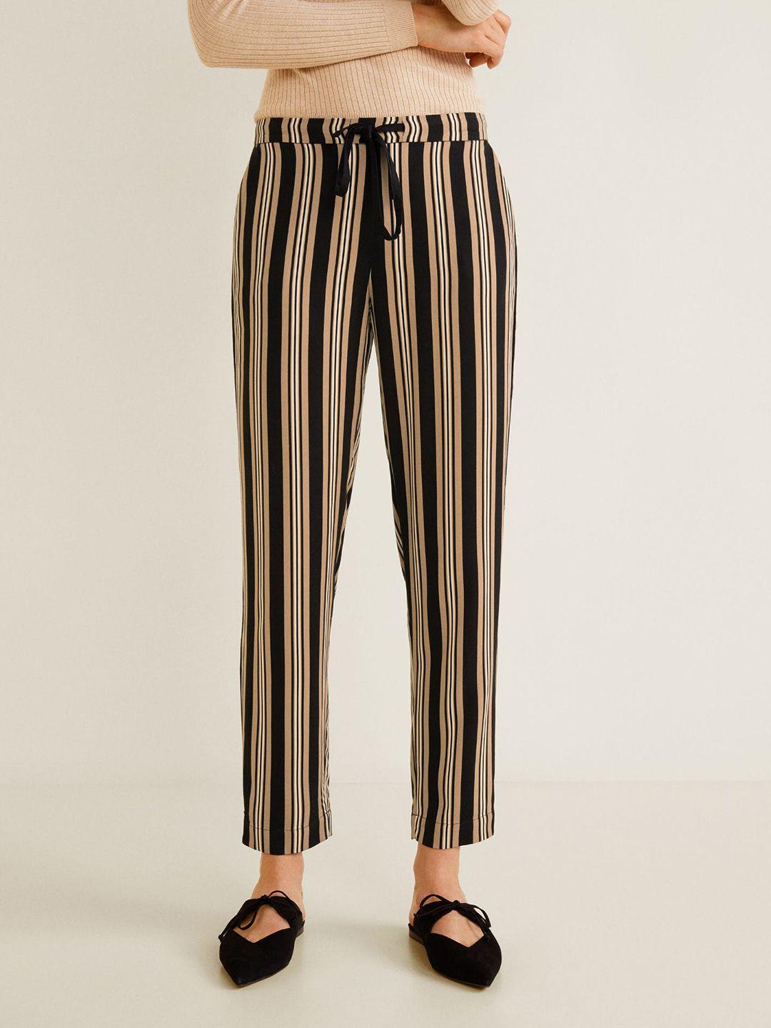 mango women beige & black regular fit striped trousers