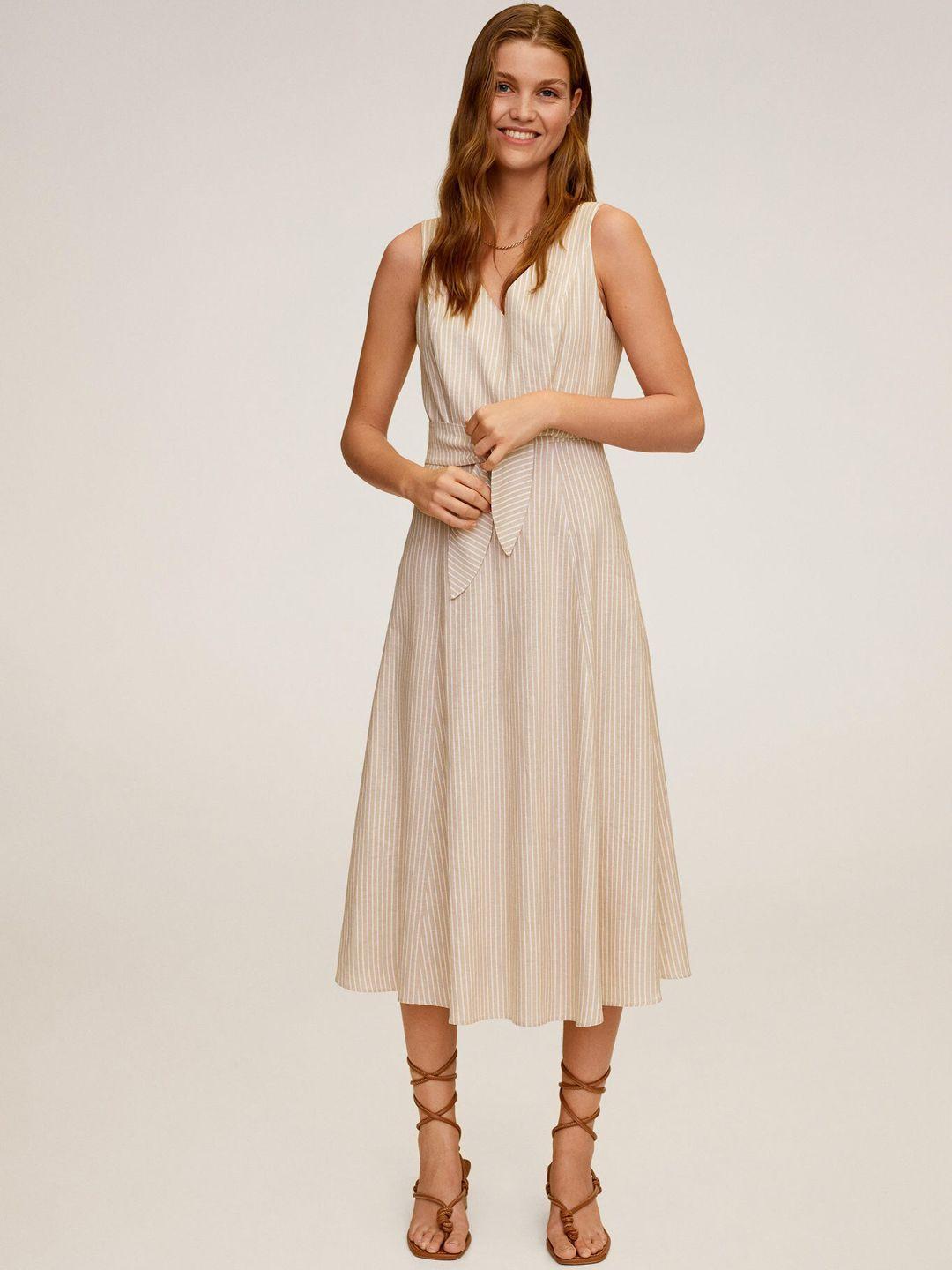 mango women beige & white striped a-line dress