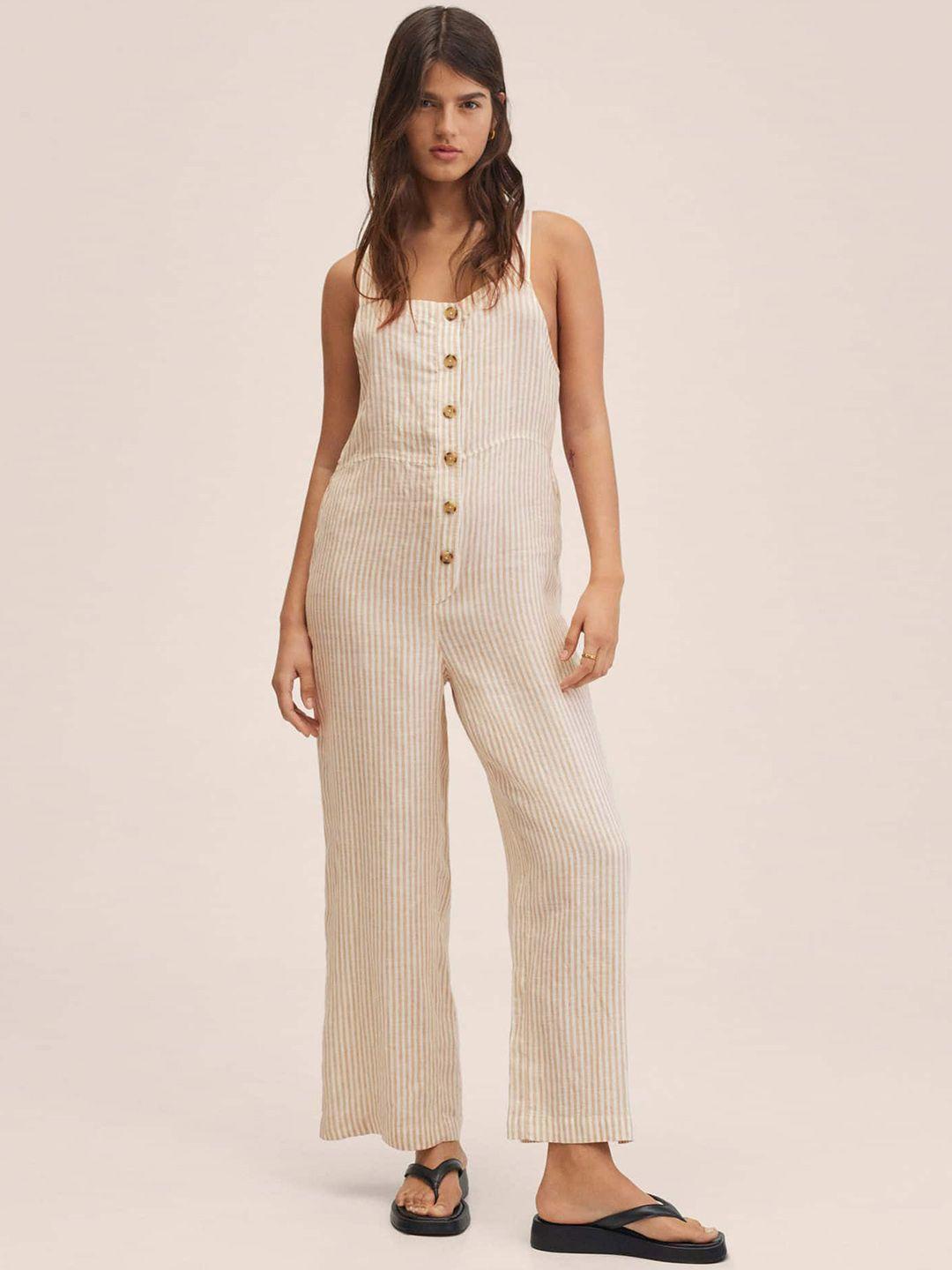 mango women beige & white striped pure linen basic jumpsuit