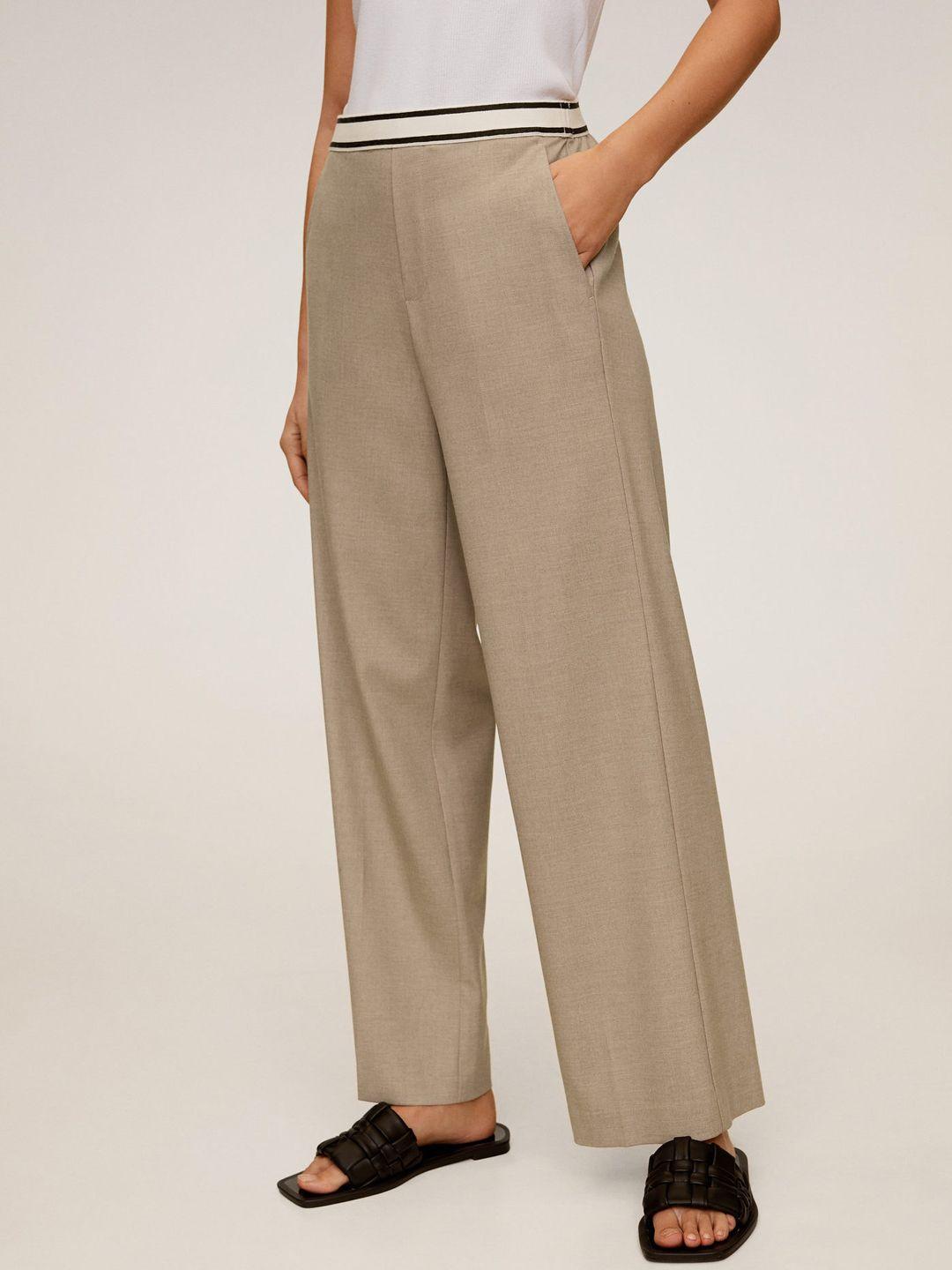 mango women beige regular fit solid parallel trousers