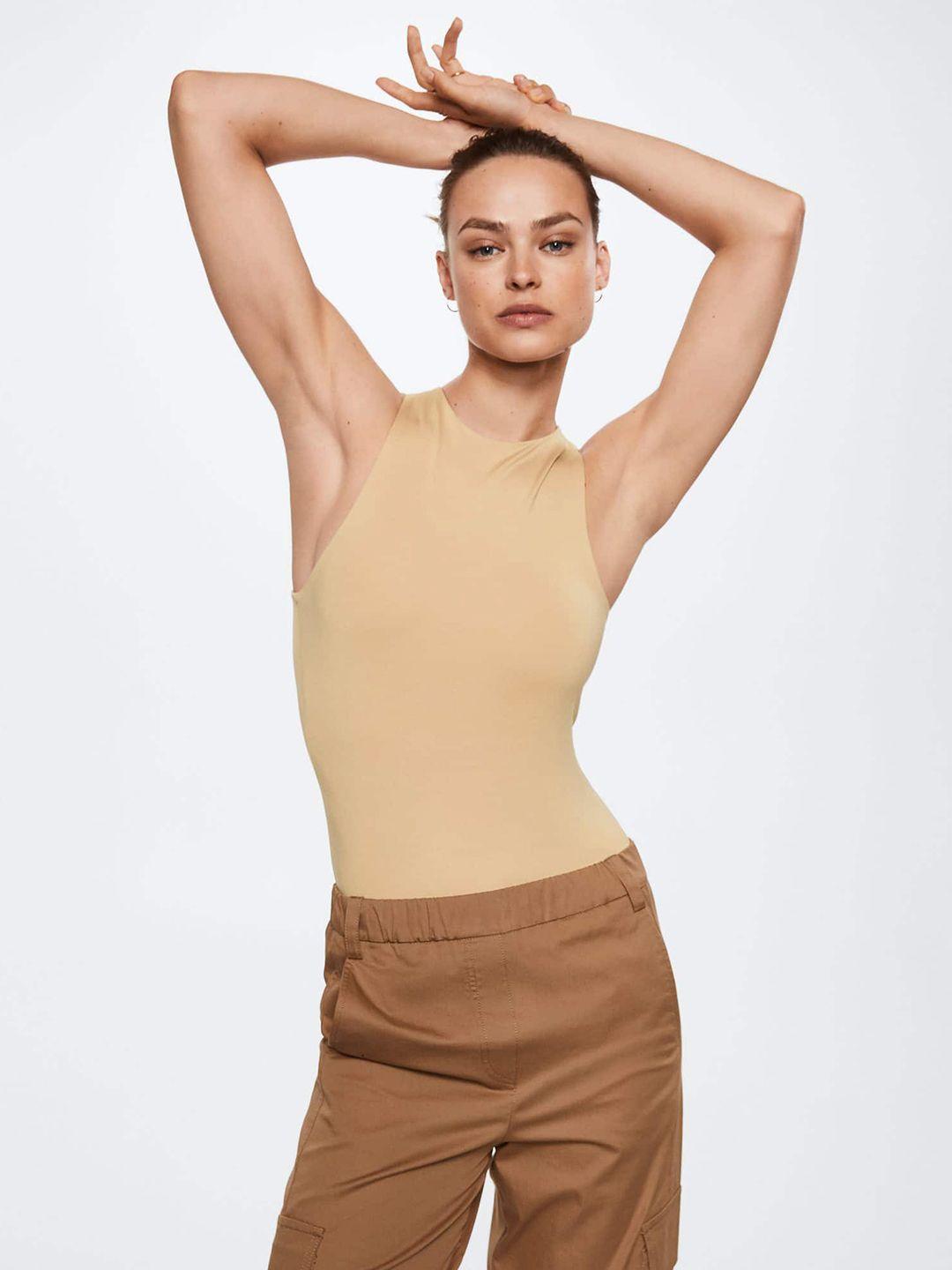 mango women beige solid bodysuit