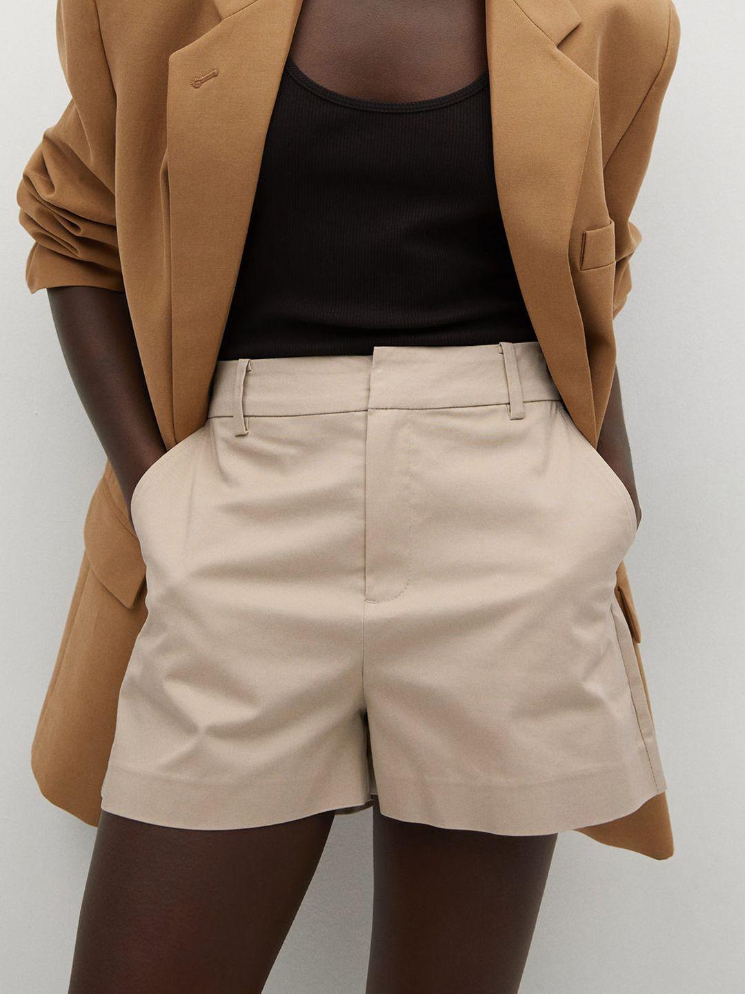 mango women beige solid sustainable regular shorts