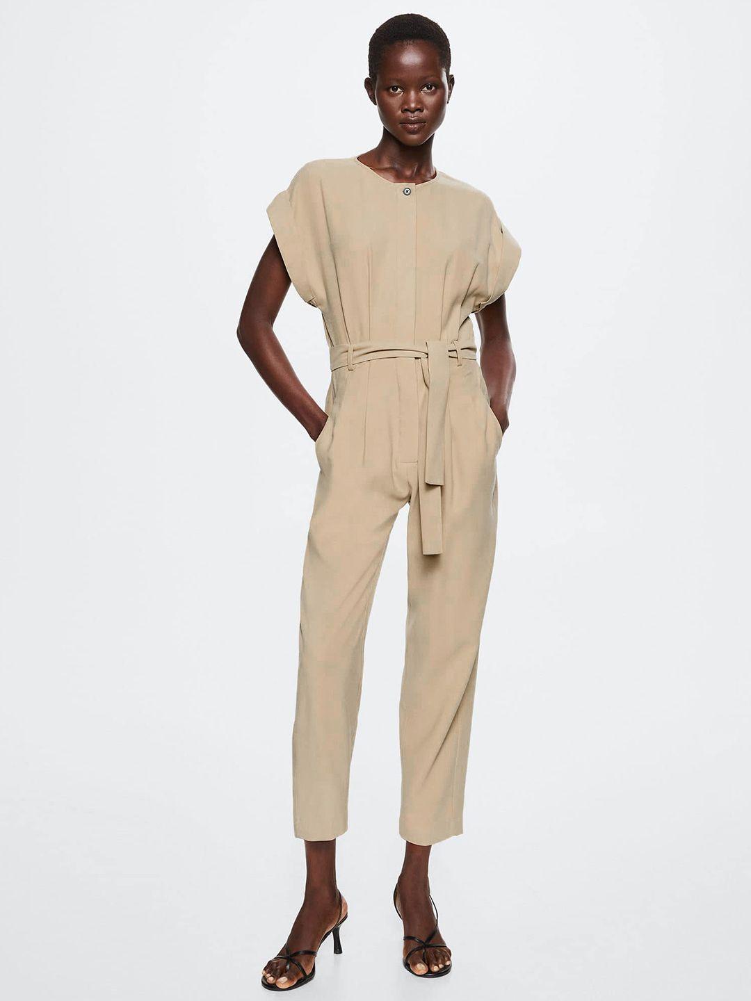 mango women beige solid tie-up detail sustainable basic jumpsuit