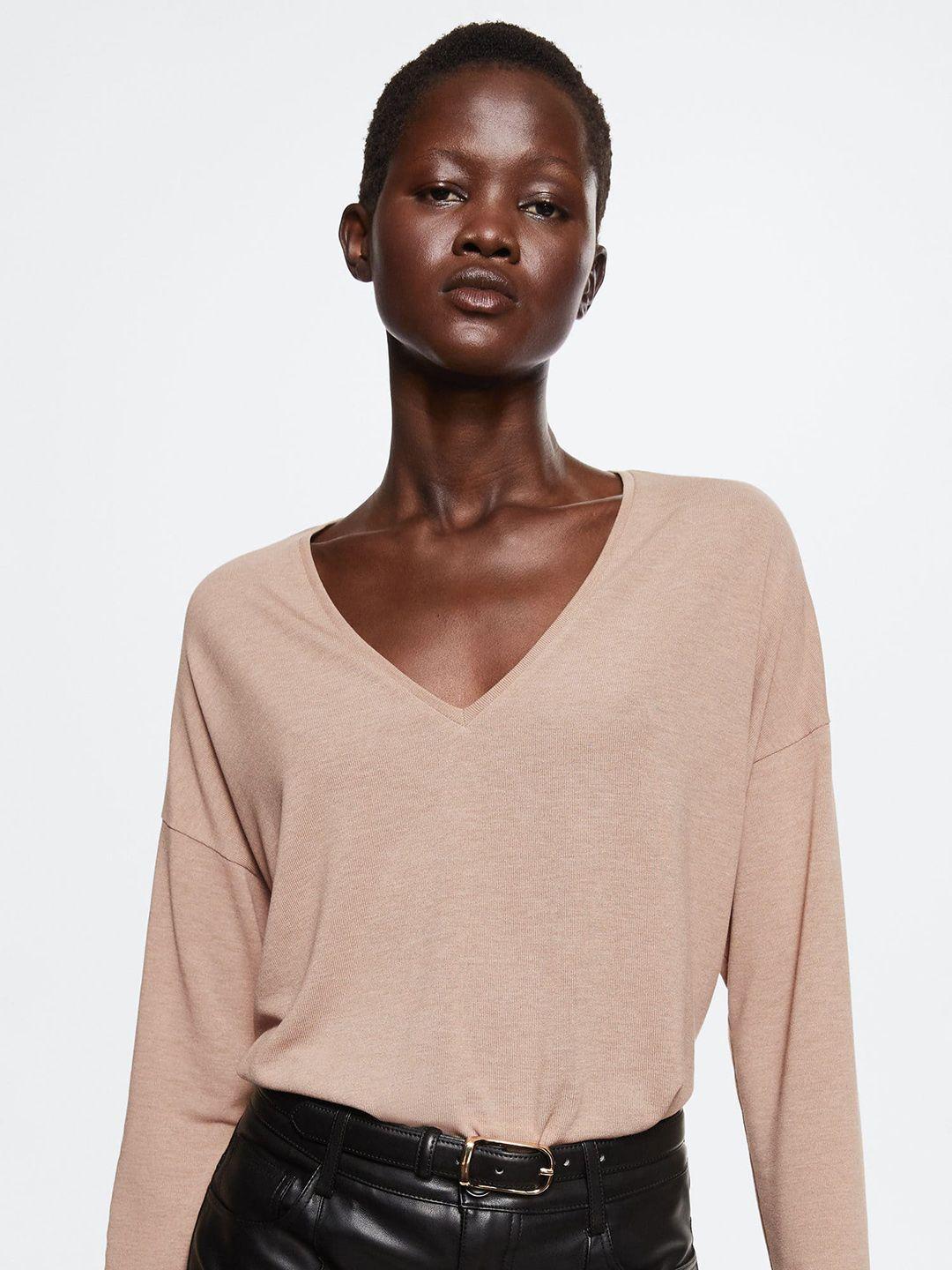 mango women beige solid v-neck drop-shoulder sleeves sustainable t-shirt
