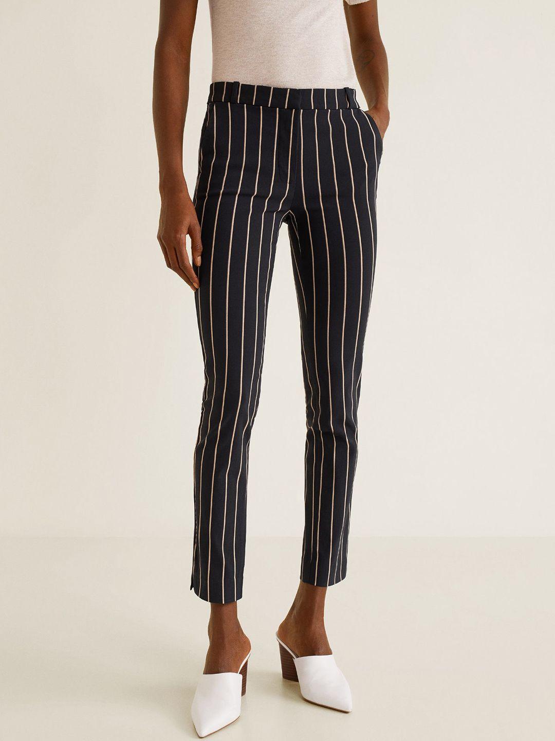 mango women black & beige regular fit striped cropped trousers