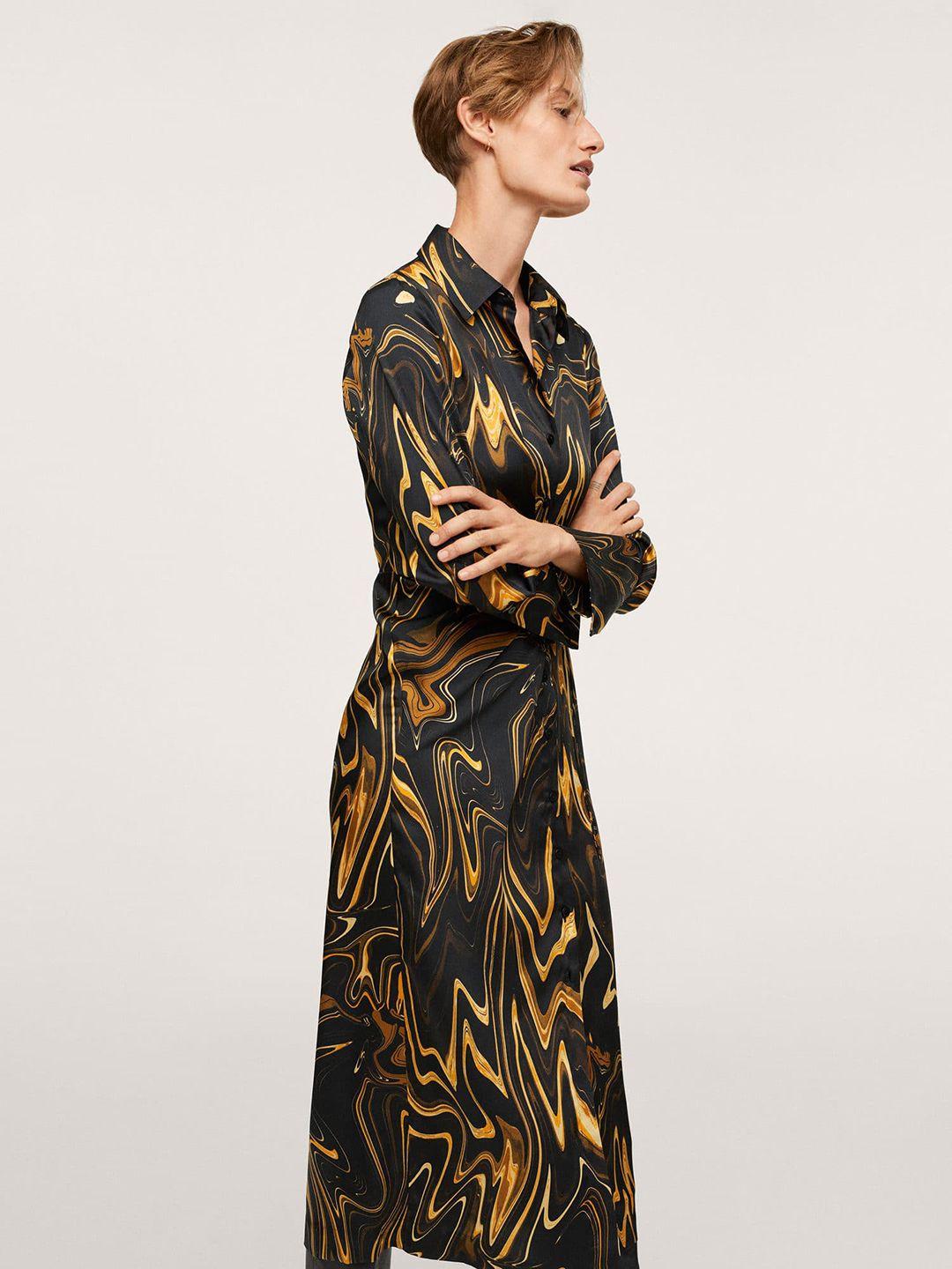 mango women black & golden abstract printed shirt style midi dress