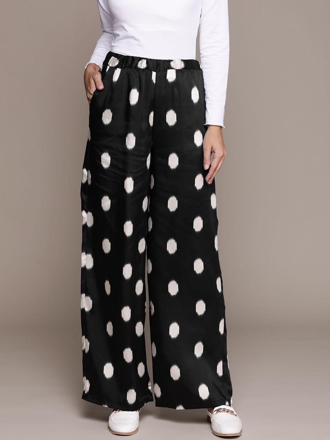 mango women black & off-white regular fit printed parallel trousers